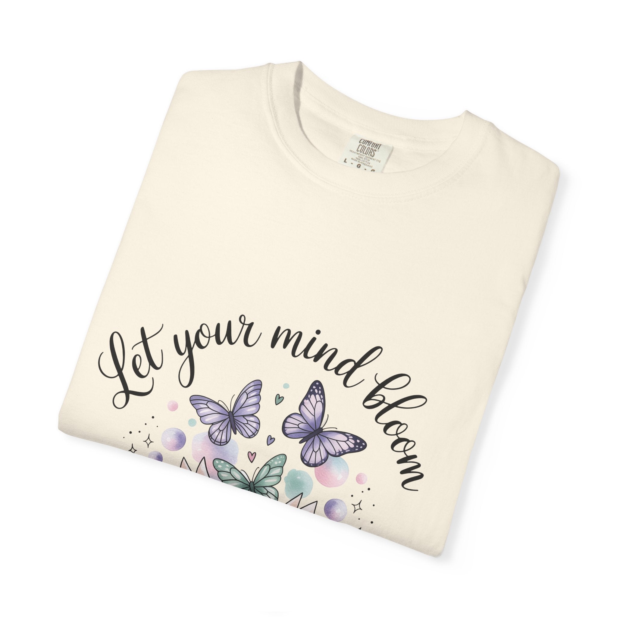 T-Shirt — “Let Your Mind Bloom” Book & Butterflies Graphic Tee