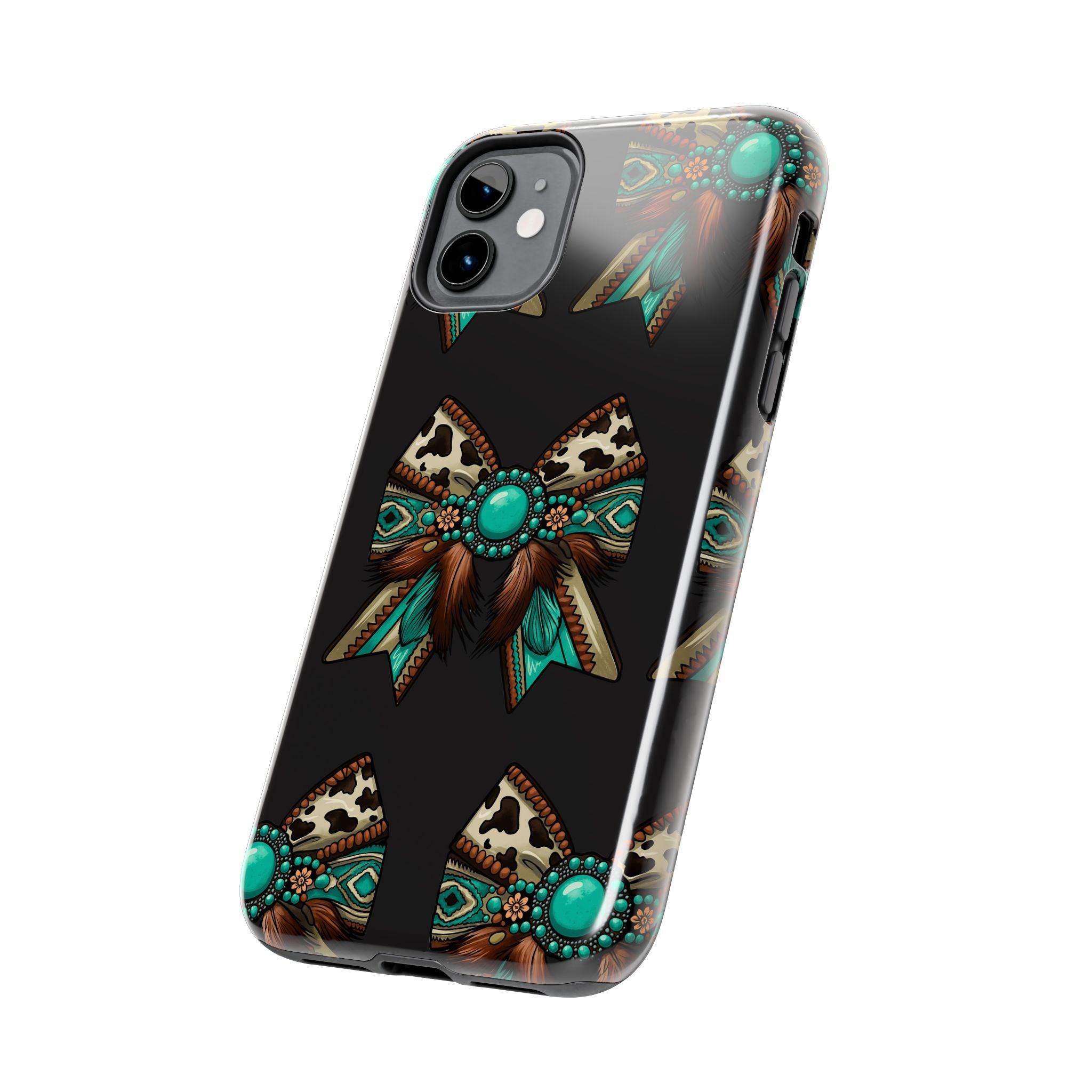 Turquoise Western Bow Tough Phone Case – Cowhide, Feathers & Bead Pattern