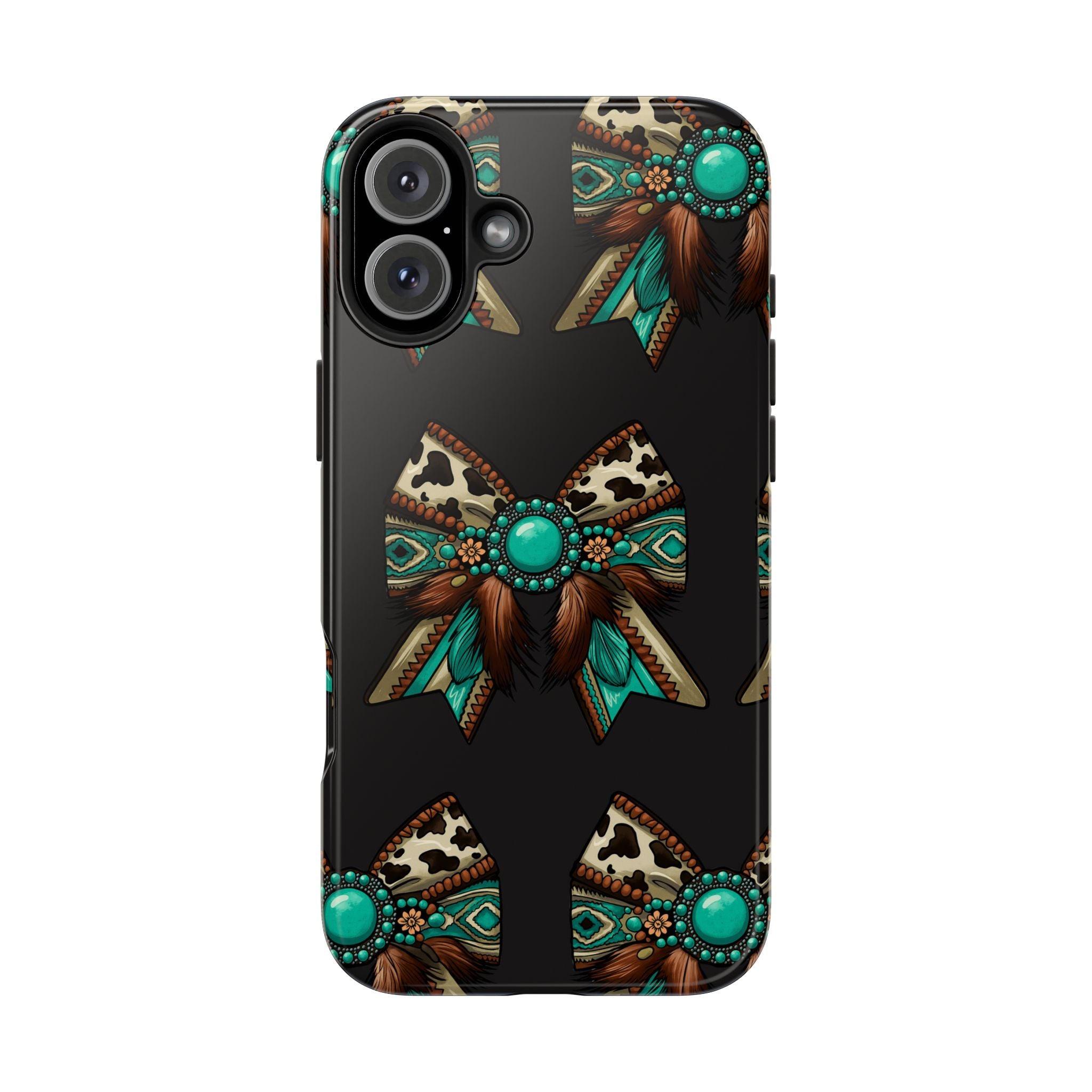Turquoise Western Bow Tough Phone Case – Cowhide, Feathers & Bead Pattern