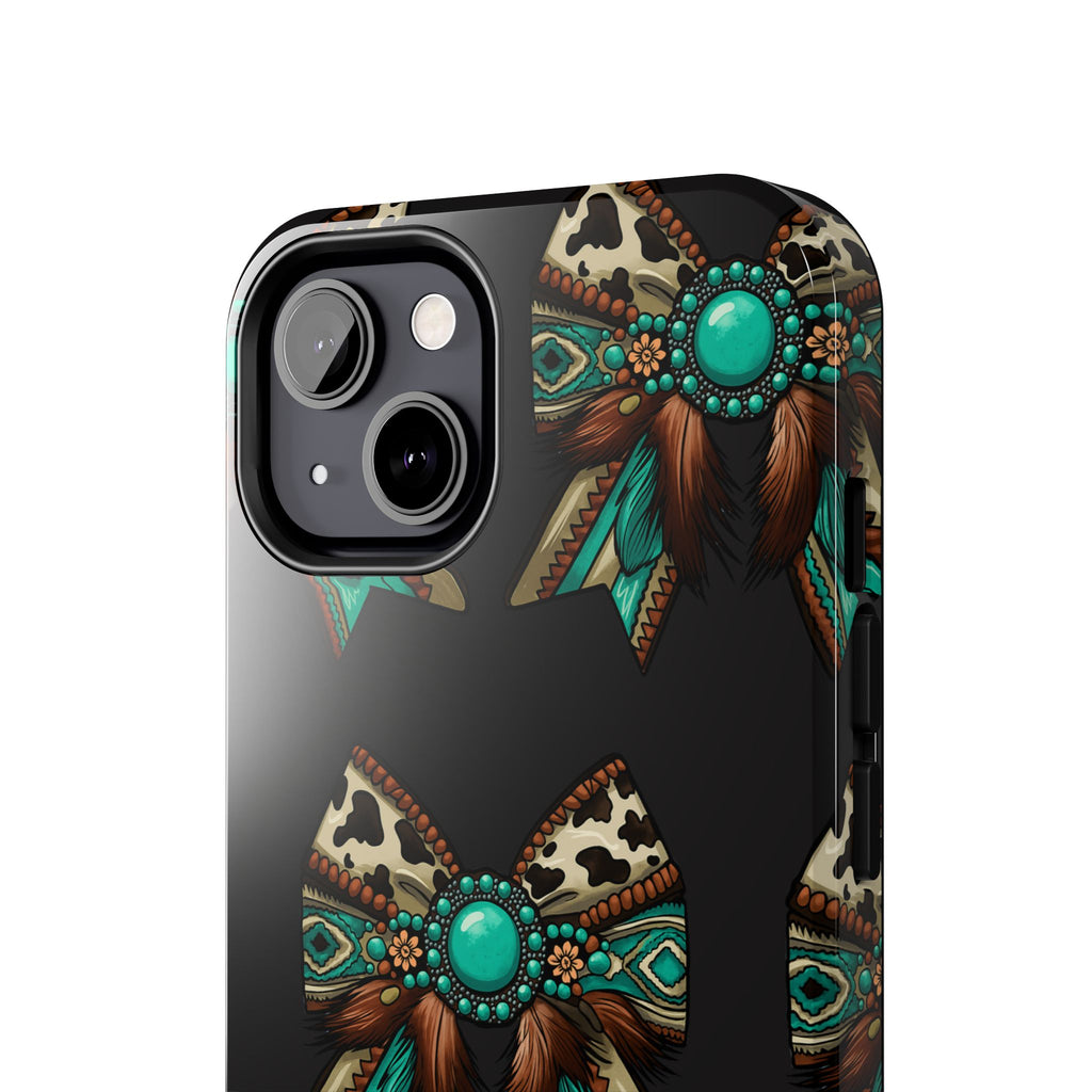 Turquoise Western Bow Tough Phone Case – Cowhide, Feathers & Bead Pattern