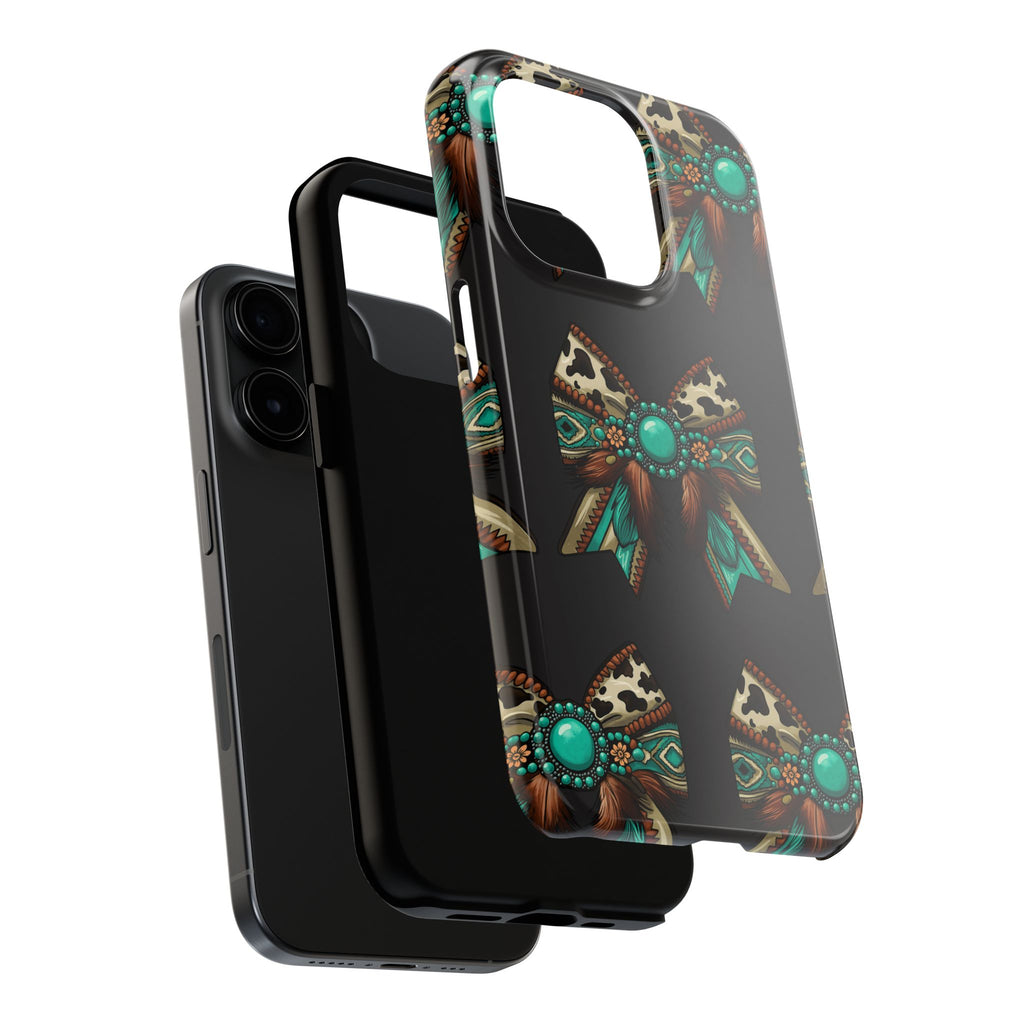 Turquoise Western Bow Tough Phone Case – Cowhide, Feathers & Bead Pattern