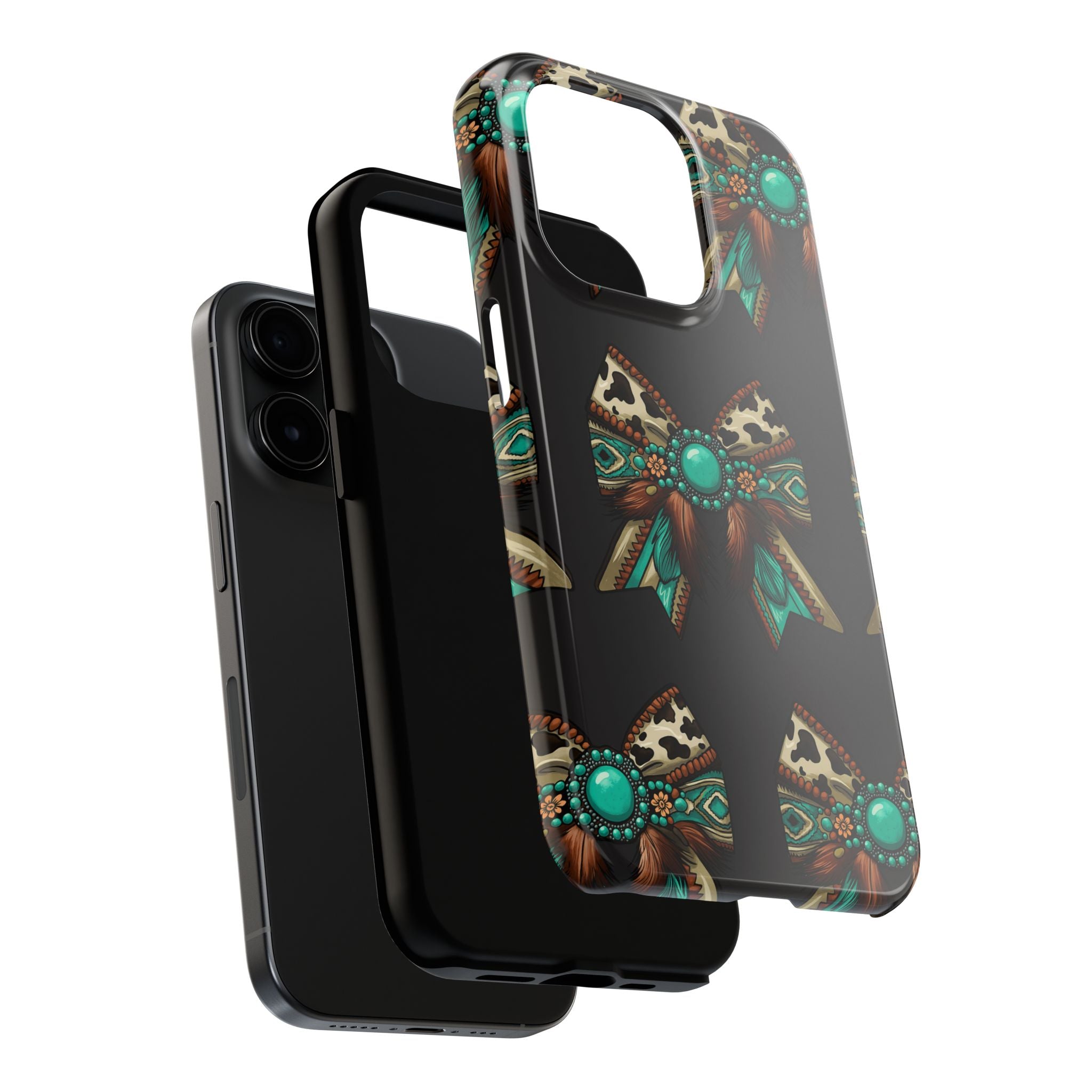 Turquoise Western Bow Tough Phone Case – Cowhide, Feathers & Bead Pattern