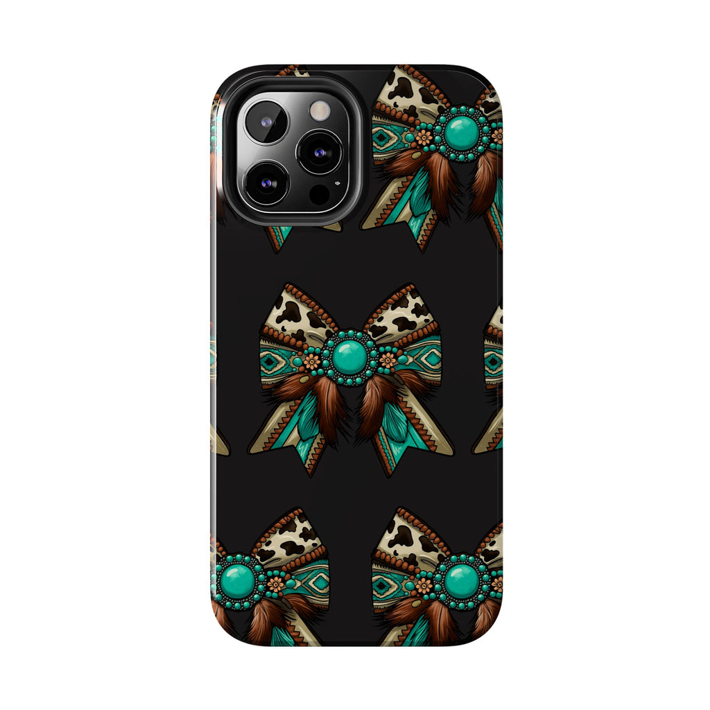 Turquoise Western Bow Tough Phone Case – Cowhide, Feathers & Bead Pattern