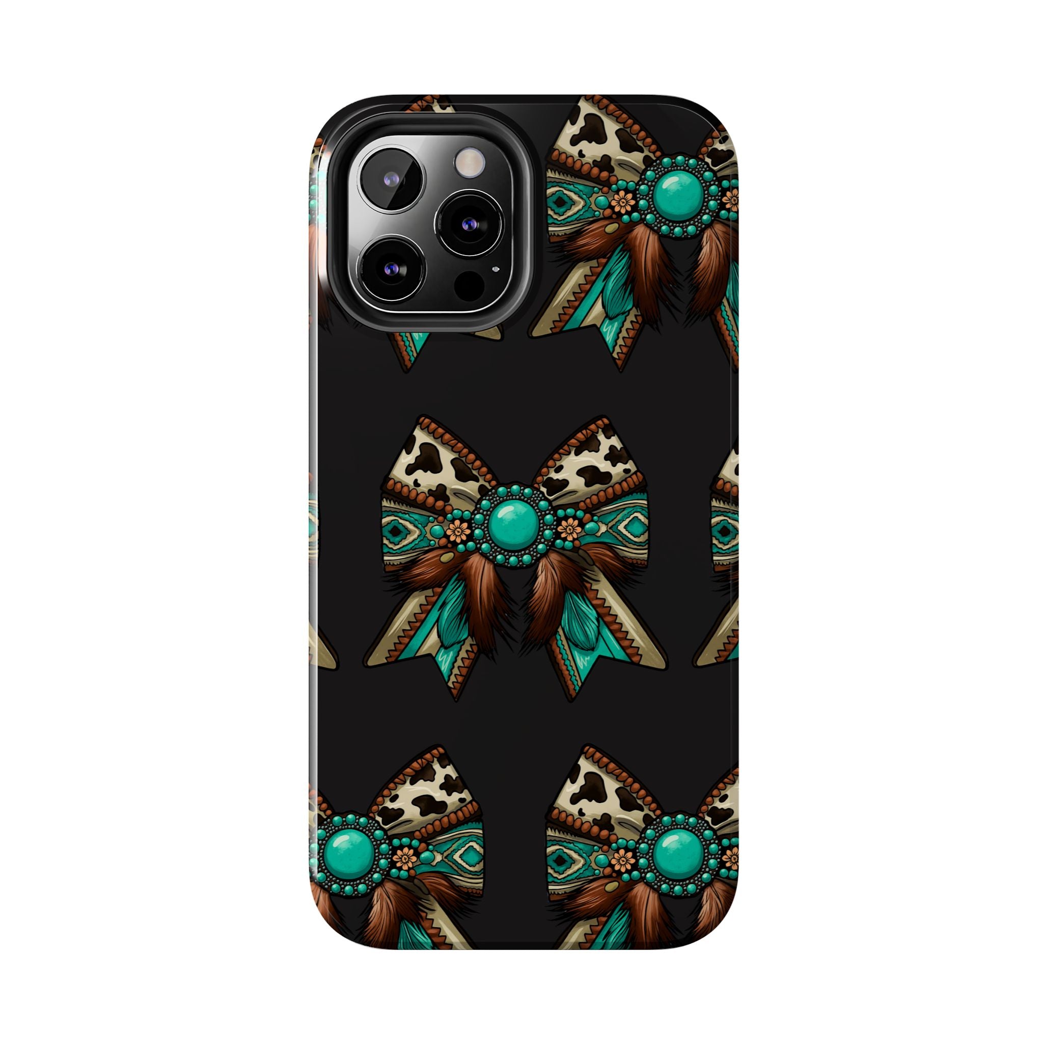 Turquoise Western Bow Tough Phone Case – Cowhide, Feathers & Bead Pattern