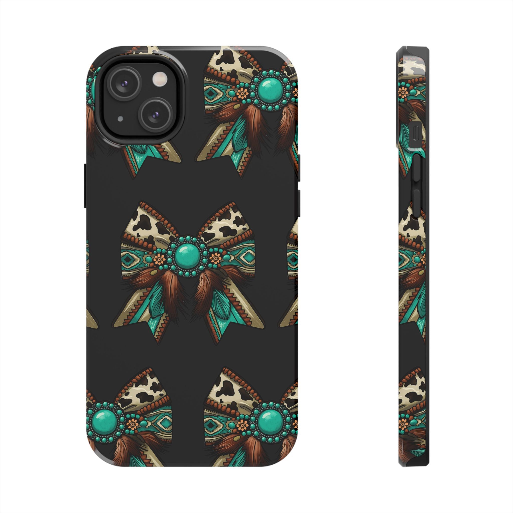 Turquoise Western Bow Tough Phone Case – Cowhide, Feathers & Bead Pattern