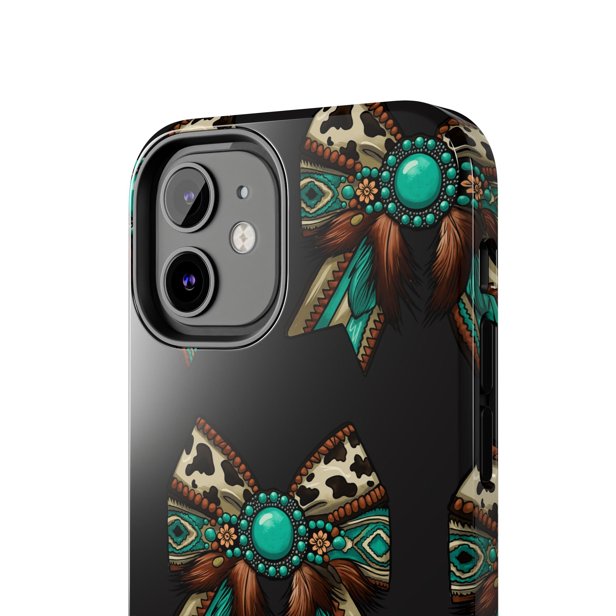 Turquoise Western Bow Tough Phone Case – Cowhide, Feathers & Bead Pattern