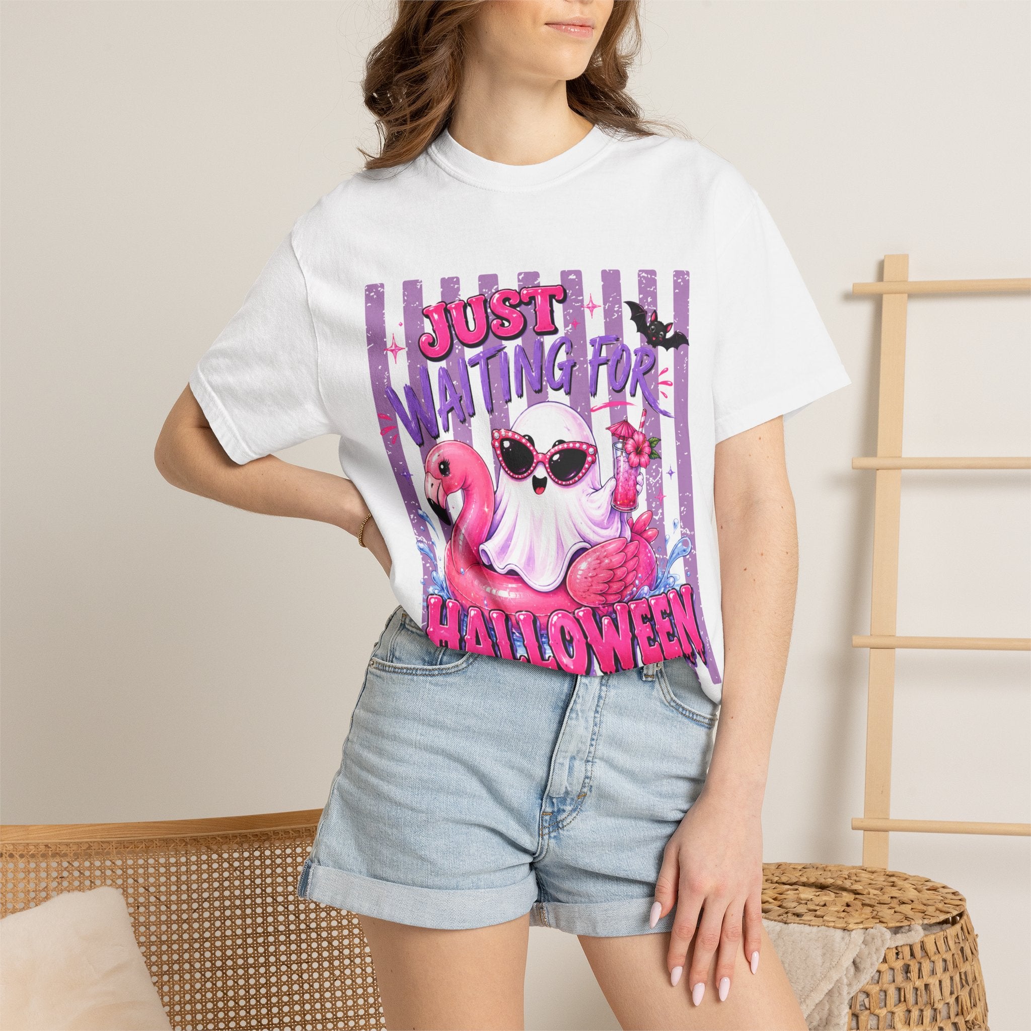 Just Waiting for Halloween T-Shirt — Cute Flamingo Ghost Halloween Tee