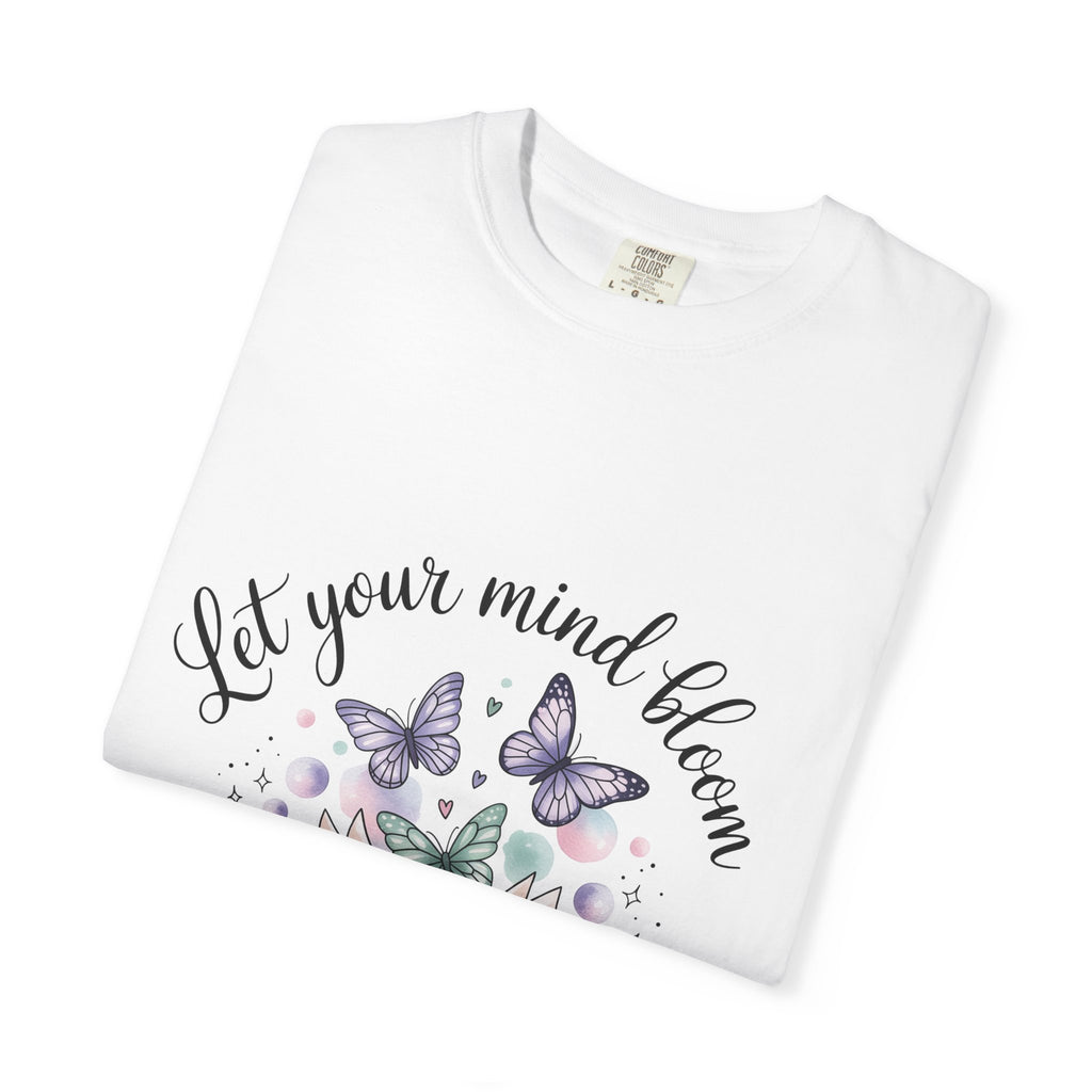 T-Shirt — “Let Your Mind Bloom” Book & Butterflies Graphic Tee