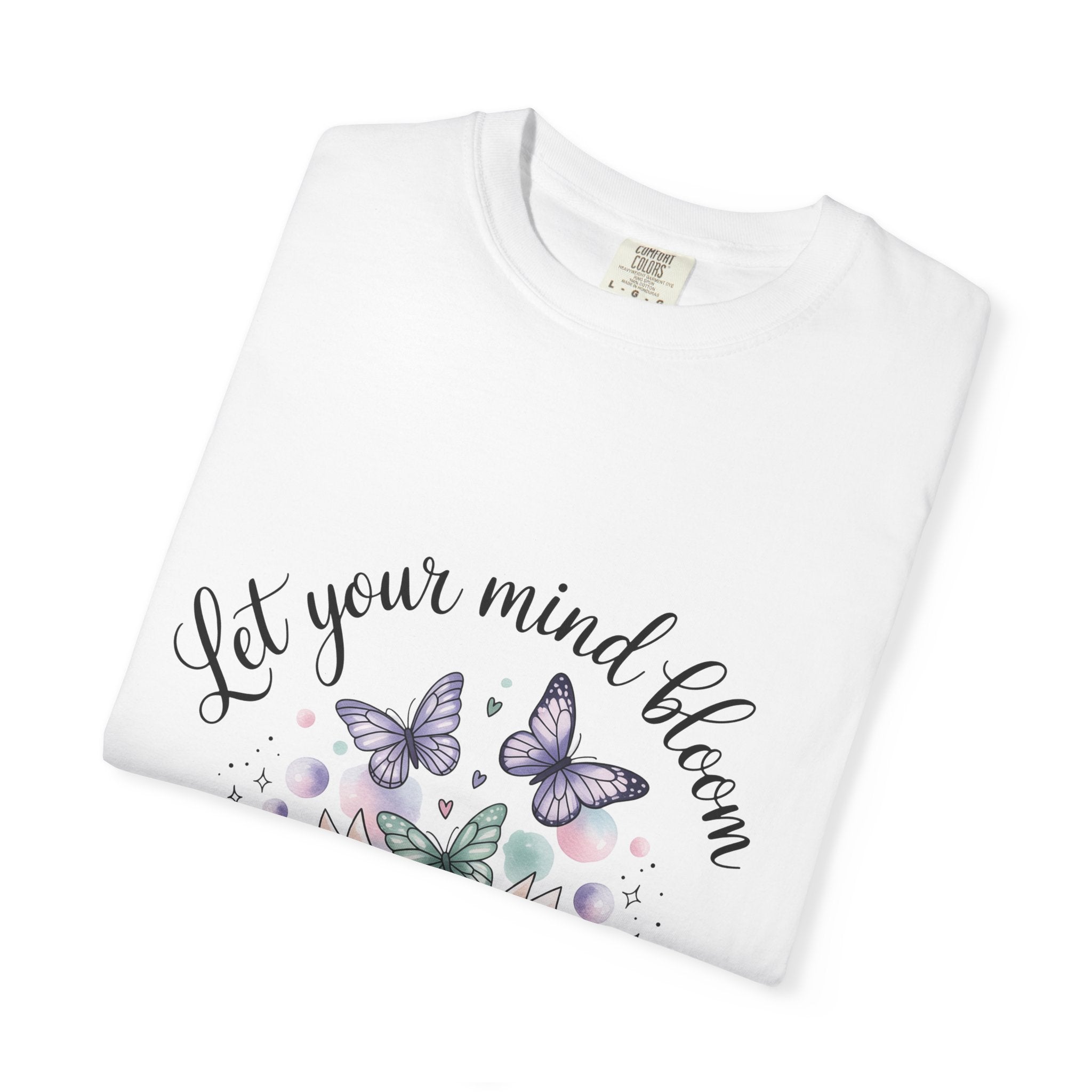 T-Shirt — “Let Your Mind Bloom” Book & Butterflies Graphic Tee