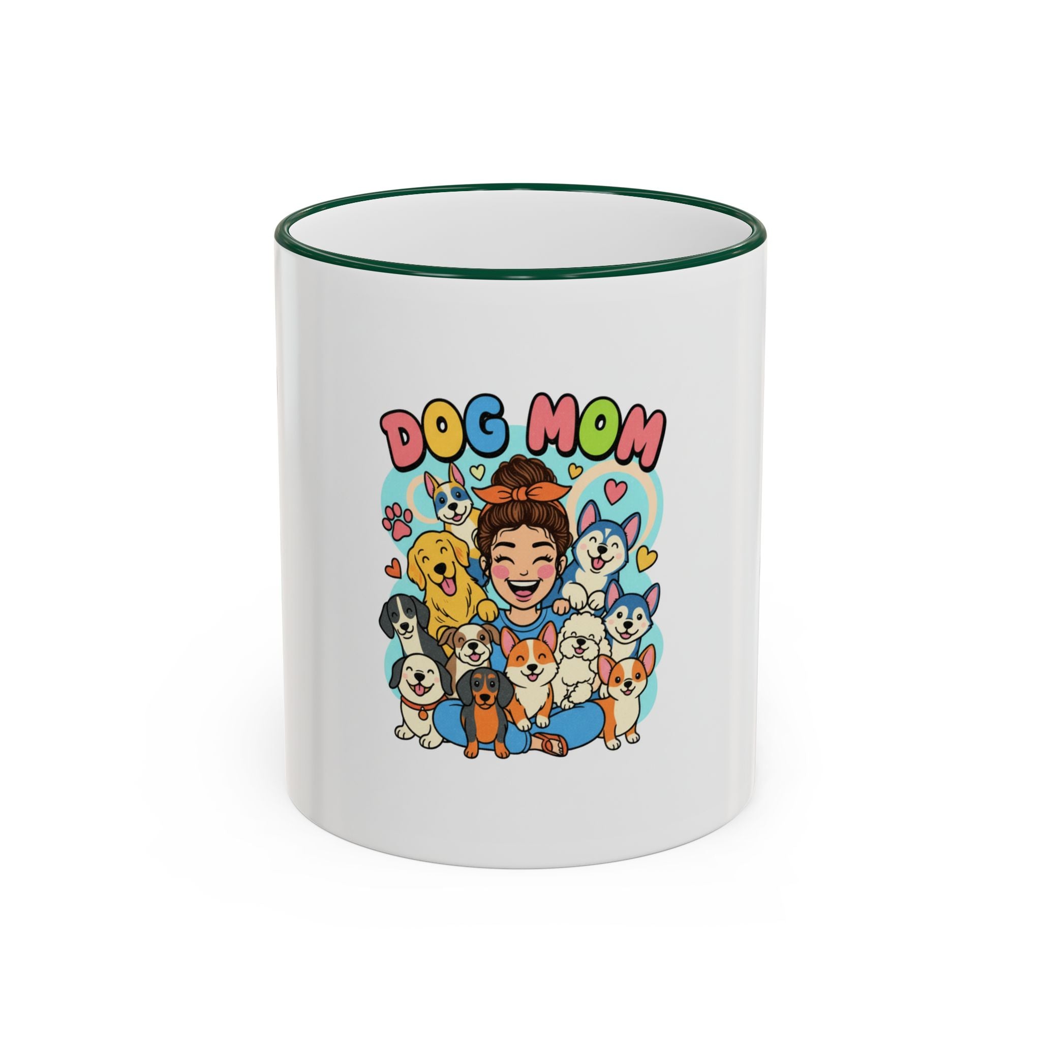 Dog Mom Mug — Cute Cartoon Dogs Accent Rim & Handle Coffee Cup (11oz/15oz)