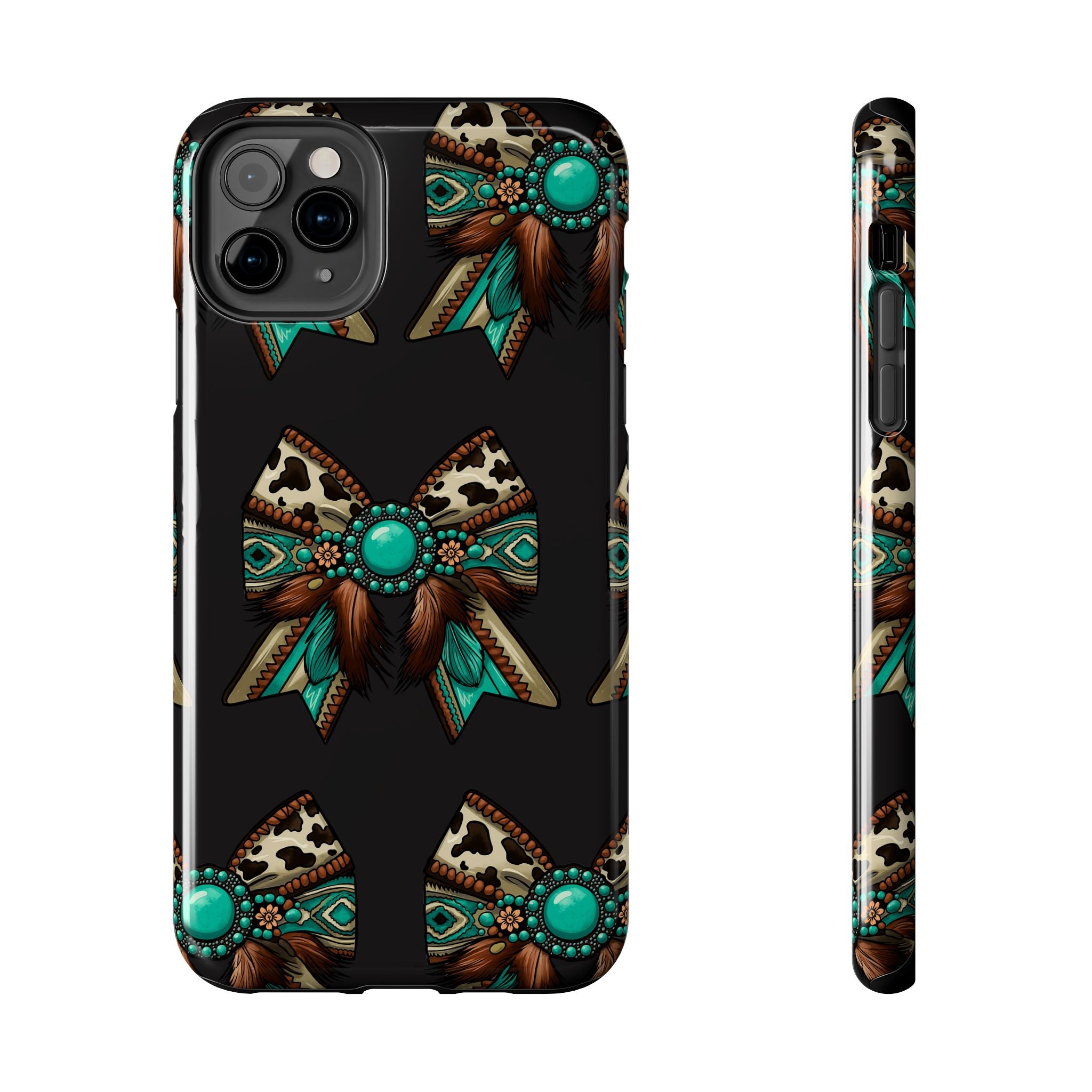 Turquoise Western Bow Tough Phone Case – Cowhide, Feathers & Bead Pattern