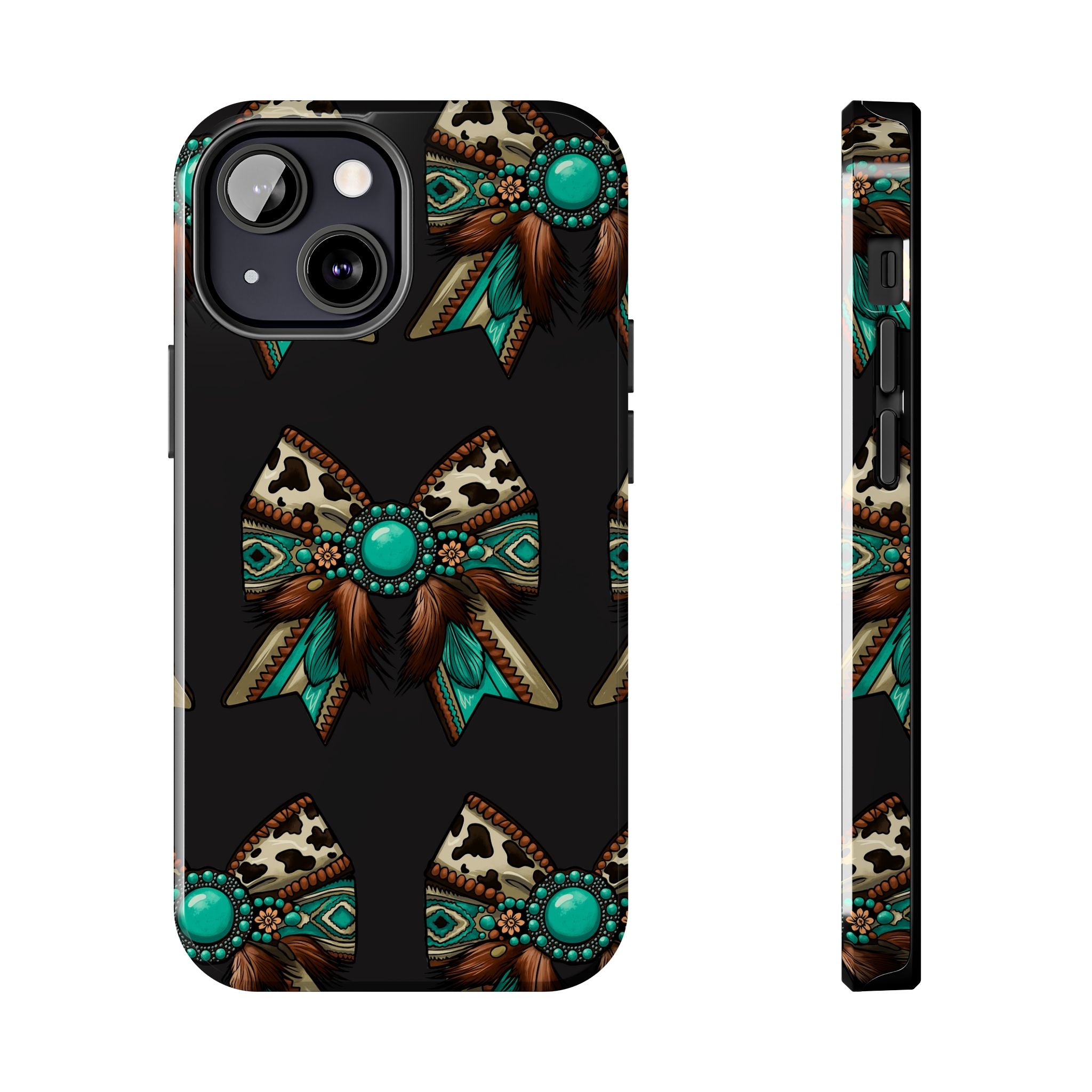 Turquoise Western Bow Tough Phone Case – Cowhide, Feathers & Bead Pattern