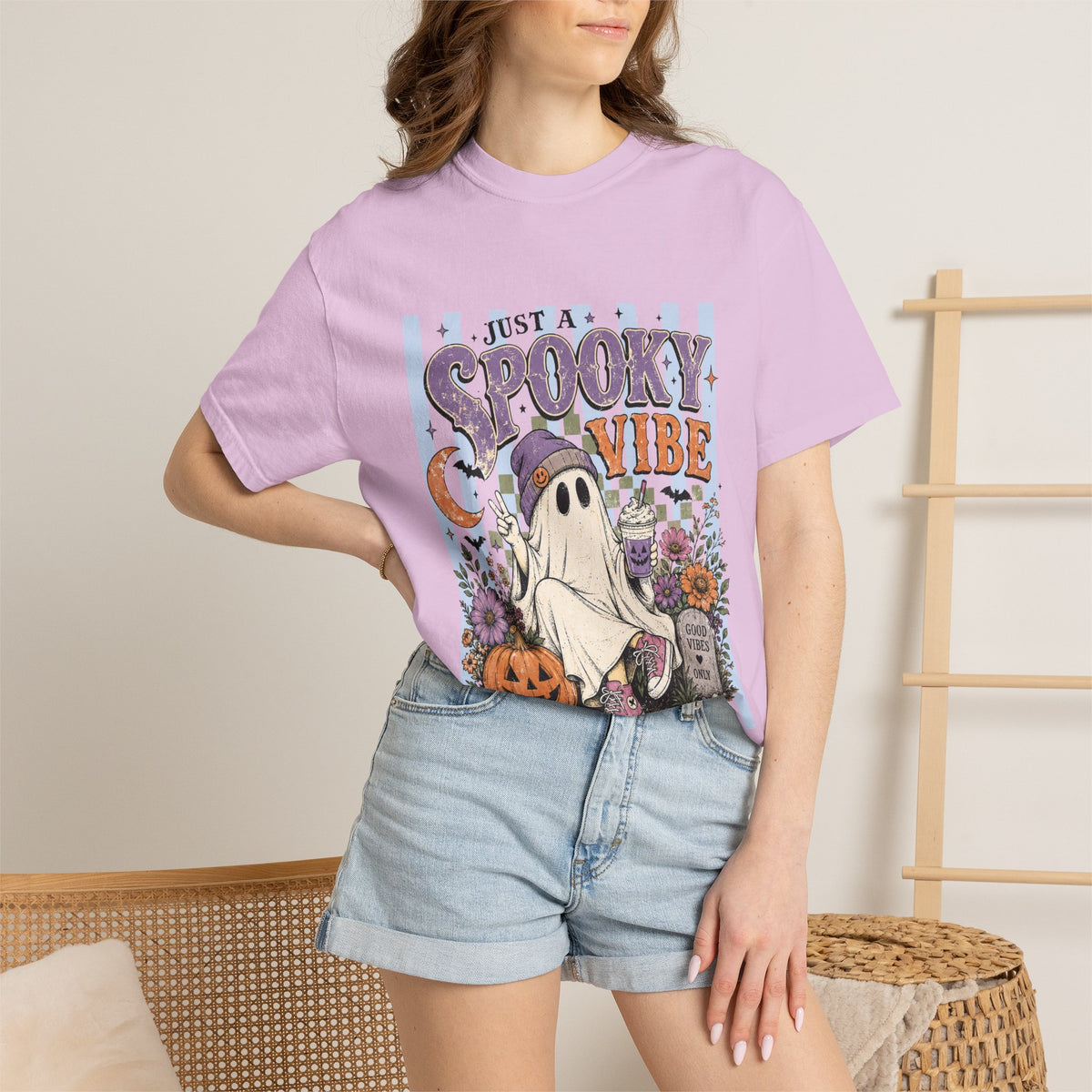 Spooky Vibe Ghost Tee — Halloween Pumpkin Graveyard Graphic T-Shirt