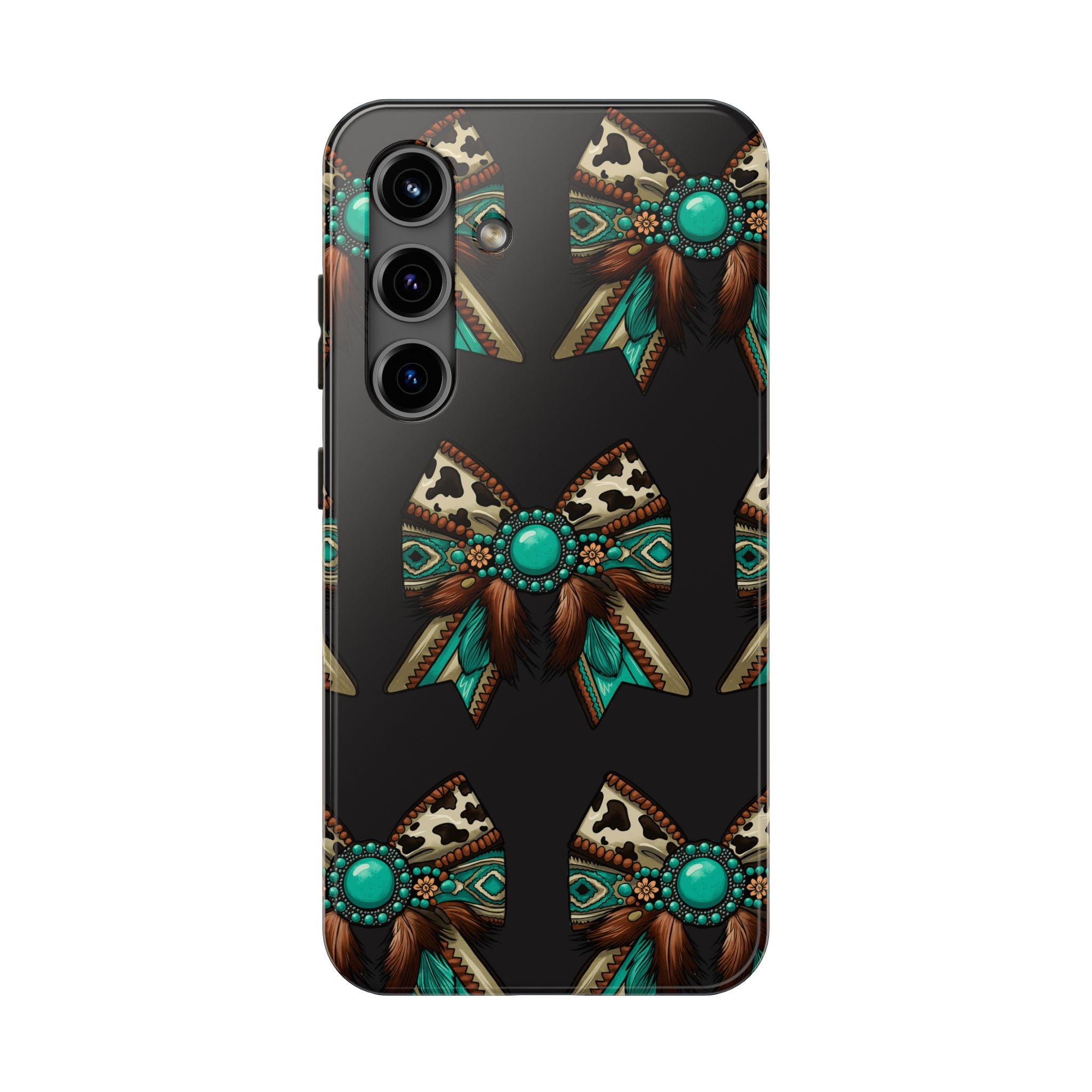 Turquoise Western Bow Tough Phone Case – Cowhide, Feathers & Bead Pattern