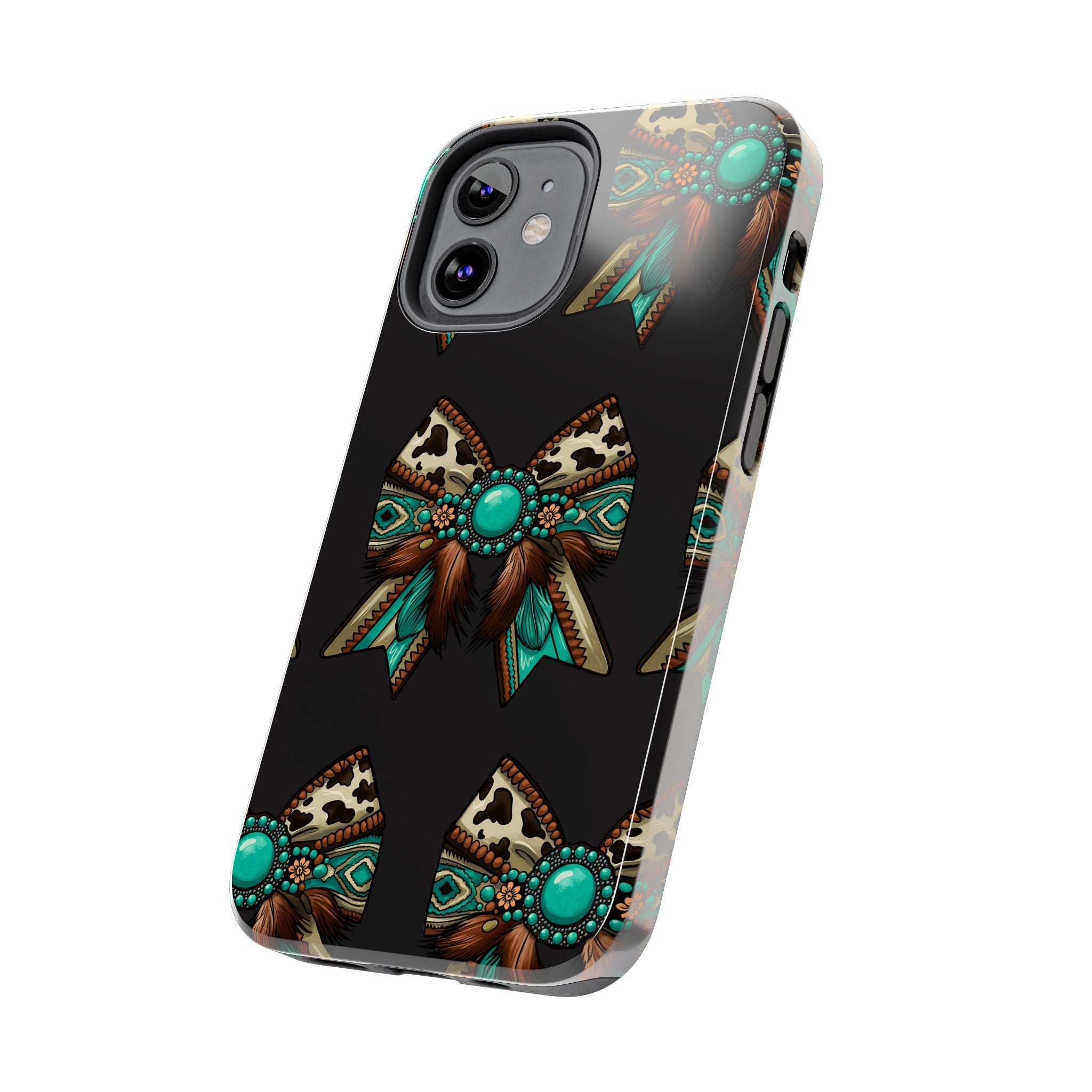 Turquoise Western Bow Tough Phone Case – Cowhide, Feathers & Bead Pattern