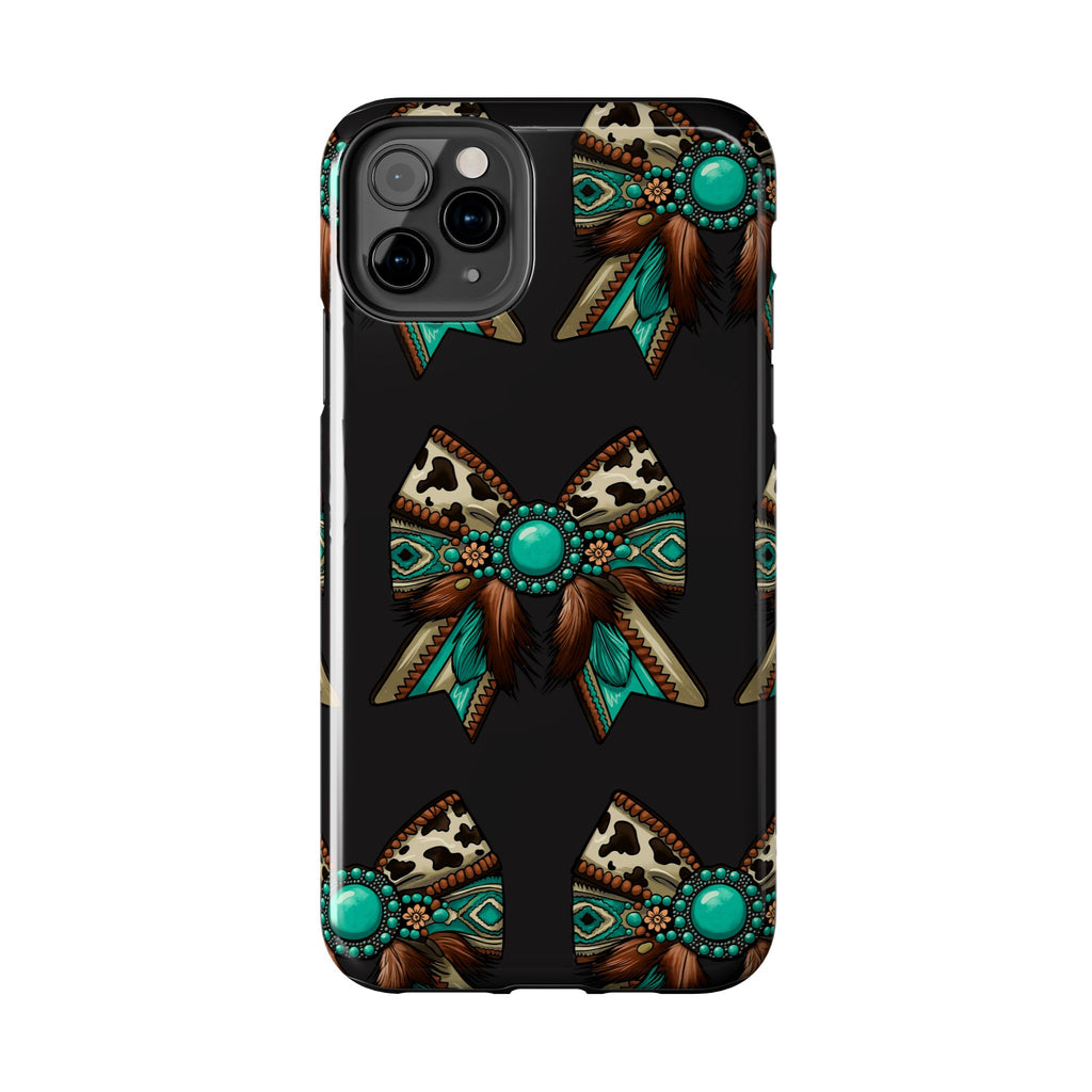 Turquoise Western Bow Tough Phone Case – Cowhide, Feathers & Bead Pattern