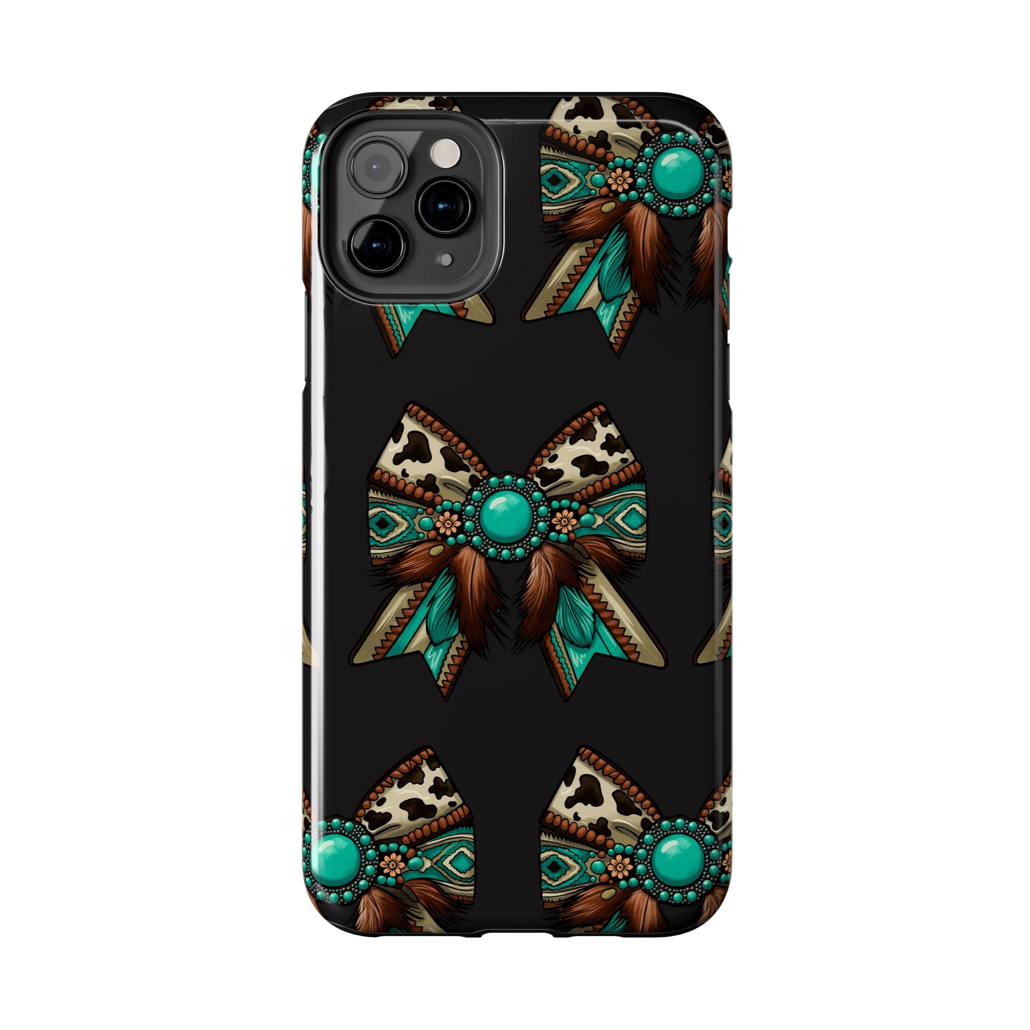 Turquoise Western Bow Tough Phone Case – Cowhide, Feathers & Bead Pattern