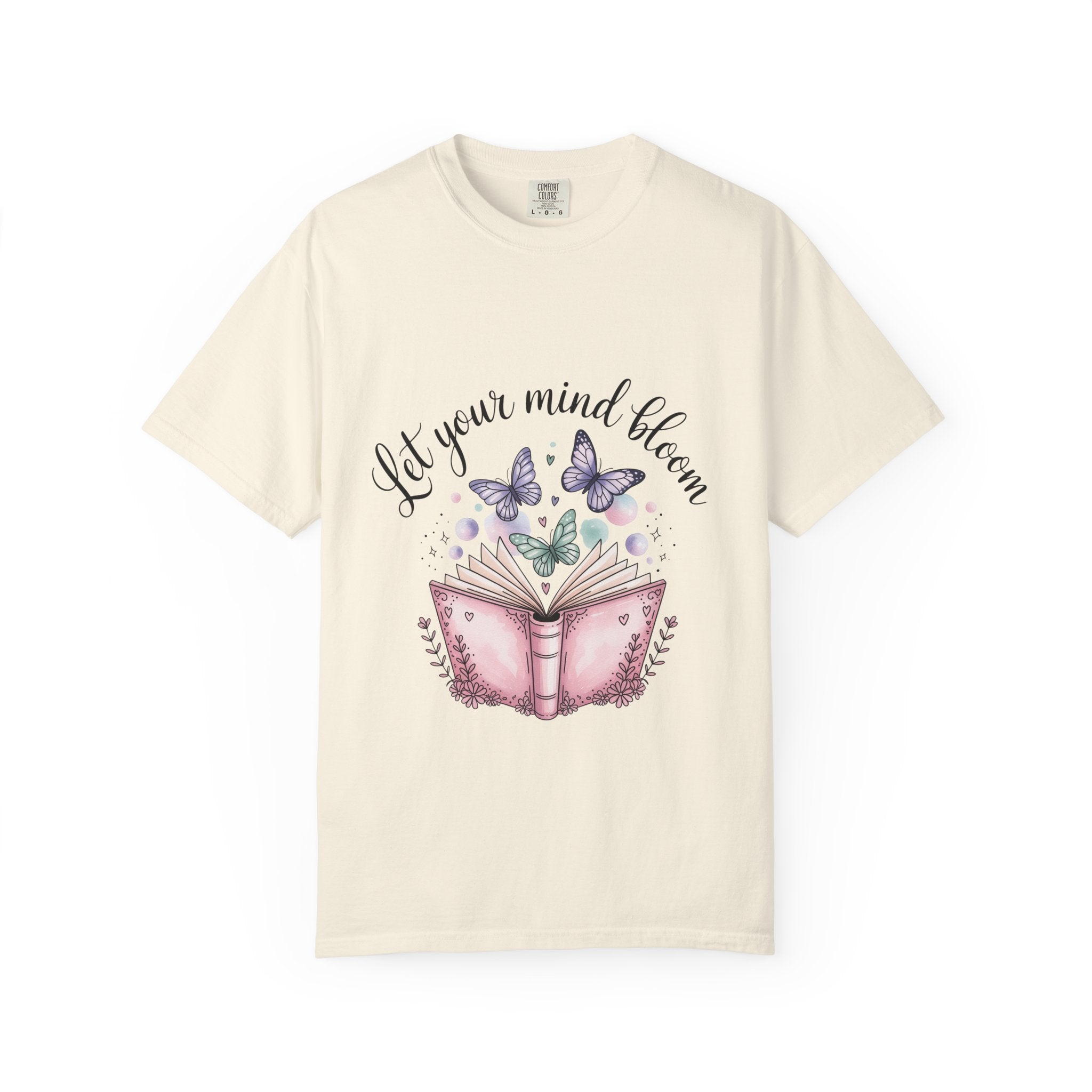 T-Shirt — “Let Your Mind Bloom” Book & Butterflies Graphic Tee