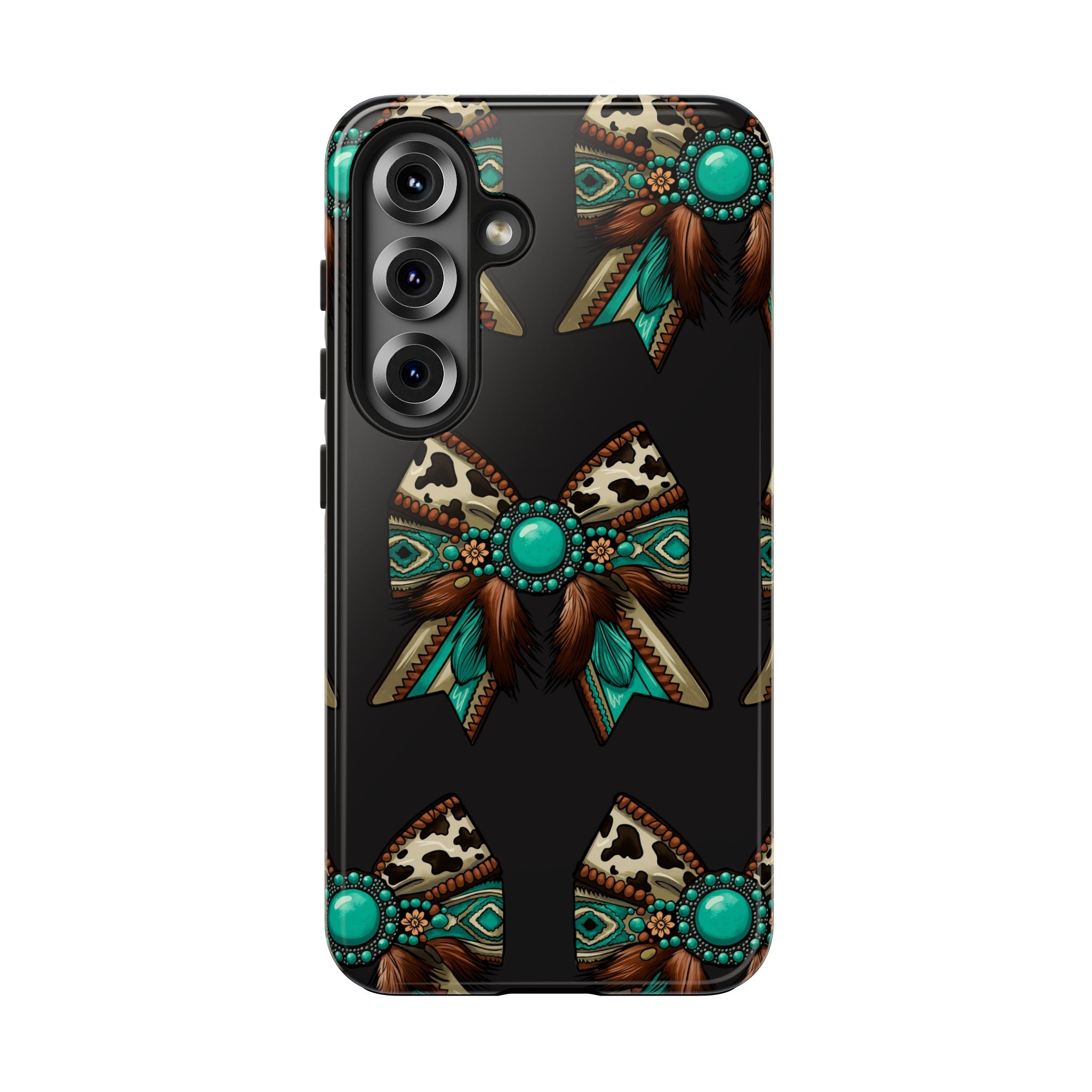 Turquoise Western Bow Tough Phone Case – Cowhide, Feathers & Bead Pattern