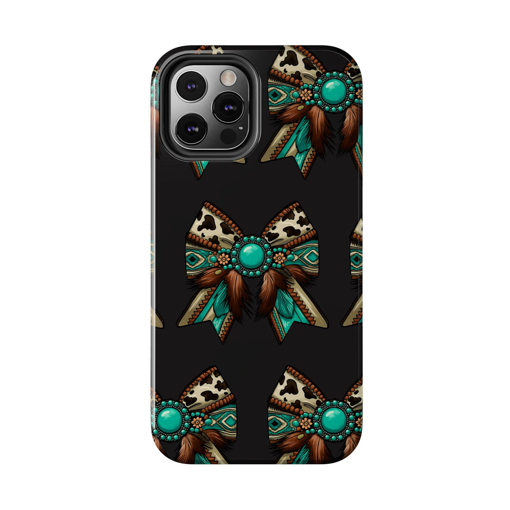 Turquoise Western Bow Tough Phone Case – Cowhide, Feathers & Bead Pattern