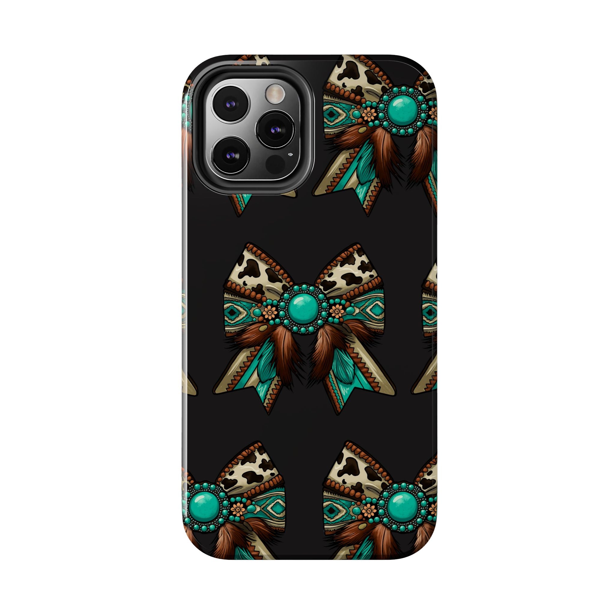 Turquoise Western Bow Tough Phone Case – Cowhide, Feathers & Bead Pattern