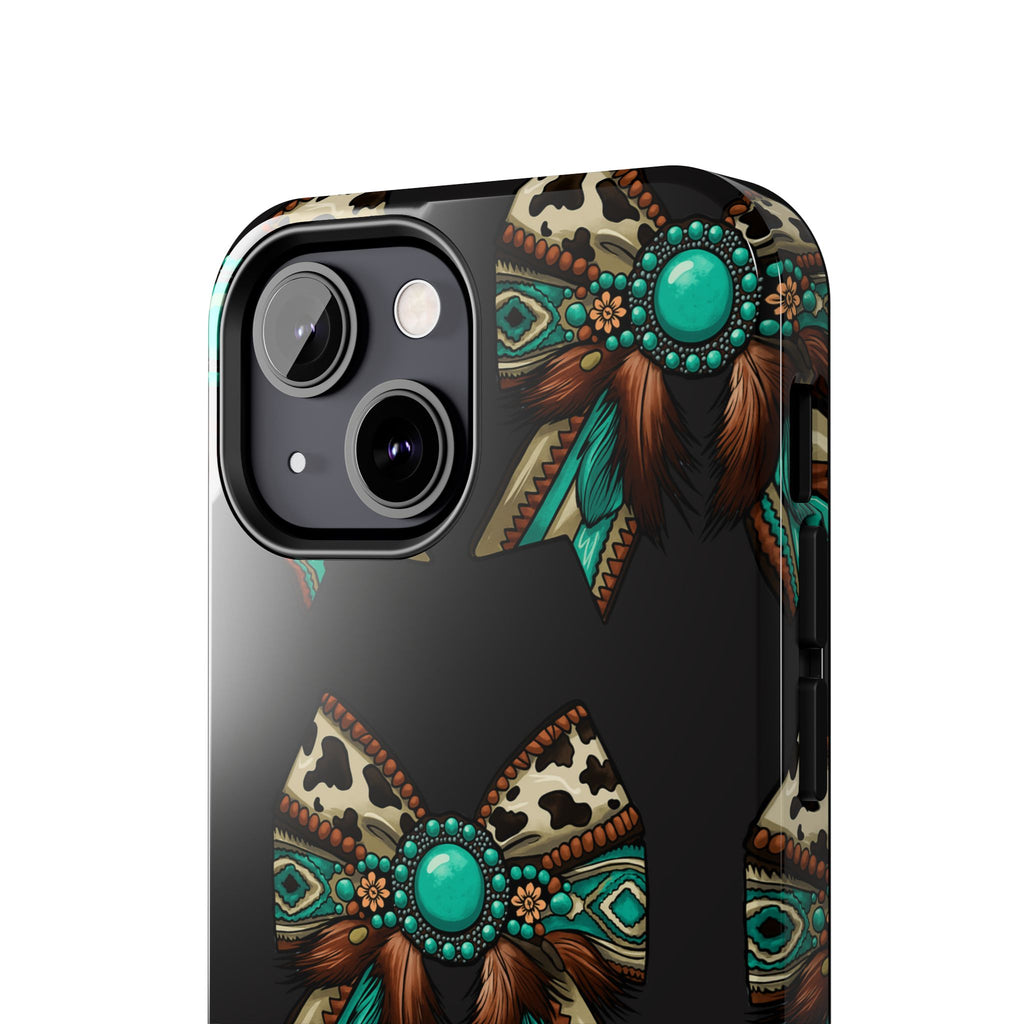 Turquoise Western Bow Tough Phone Case – Cowhide, Feathers & Bead Pattern