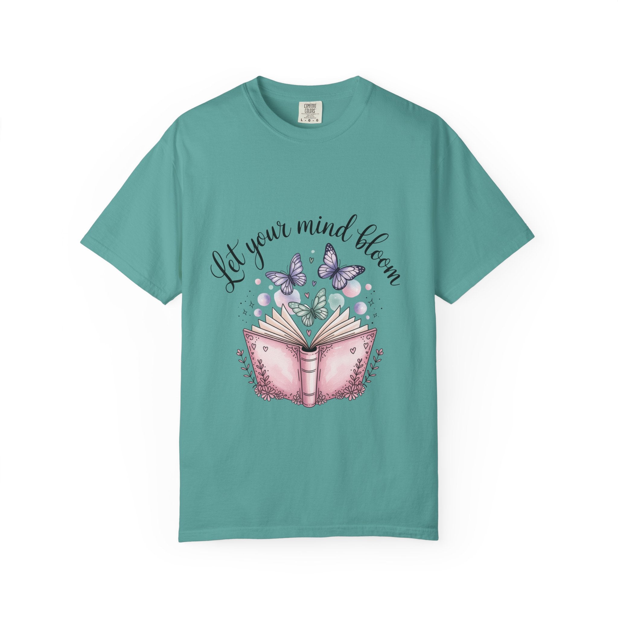 T-Shirt — “Let Your Mind Bloom” Book & Butterflies Graphic Tee