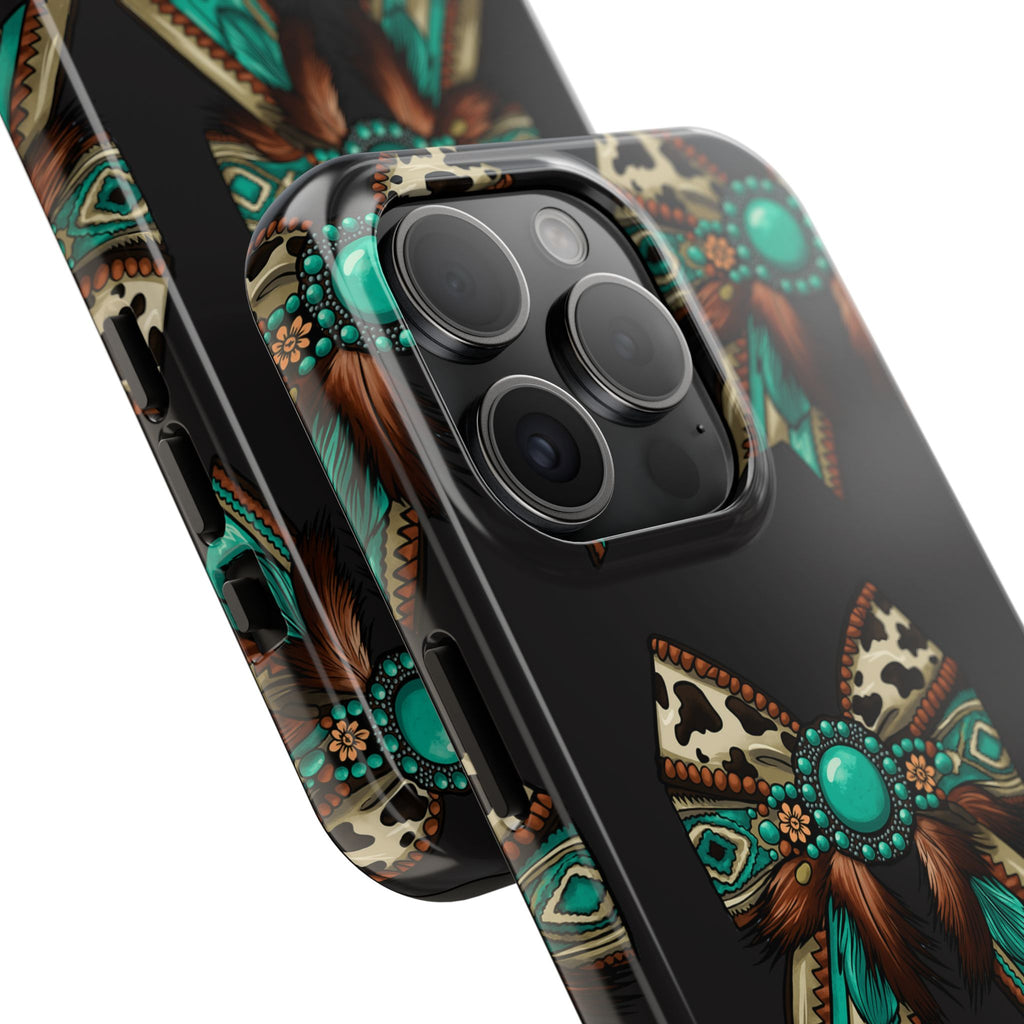 Turquoise Western Bow Tough Phone Case – Cowhide, Feathers & Bead Pattern