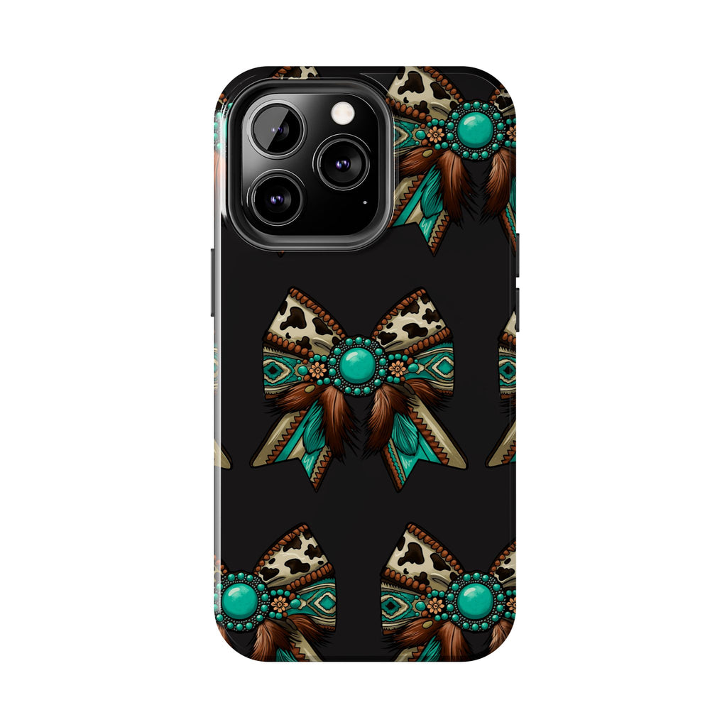 Turquoise Western Bow Tough Phone Case – Cowhide, Feathers & Bead Pattern