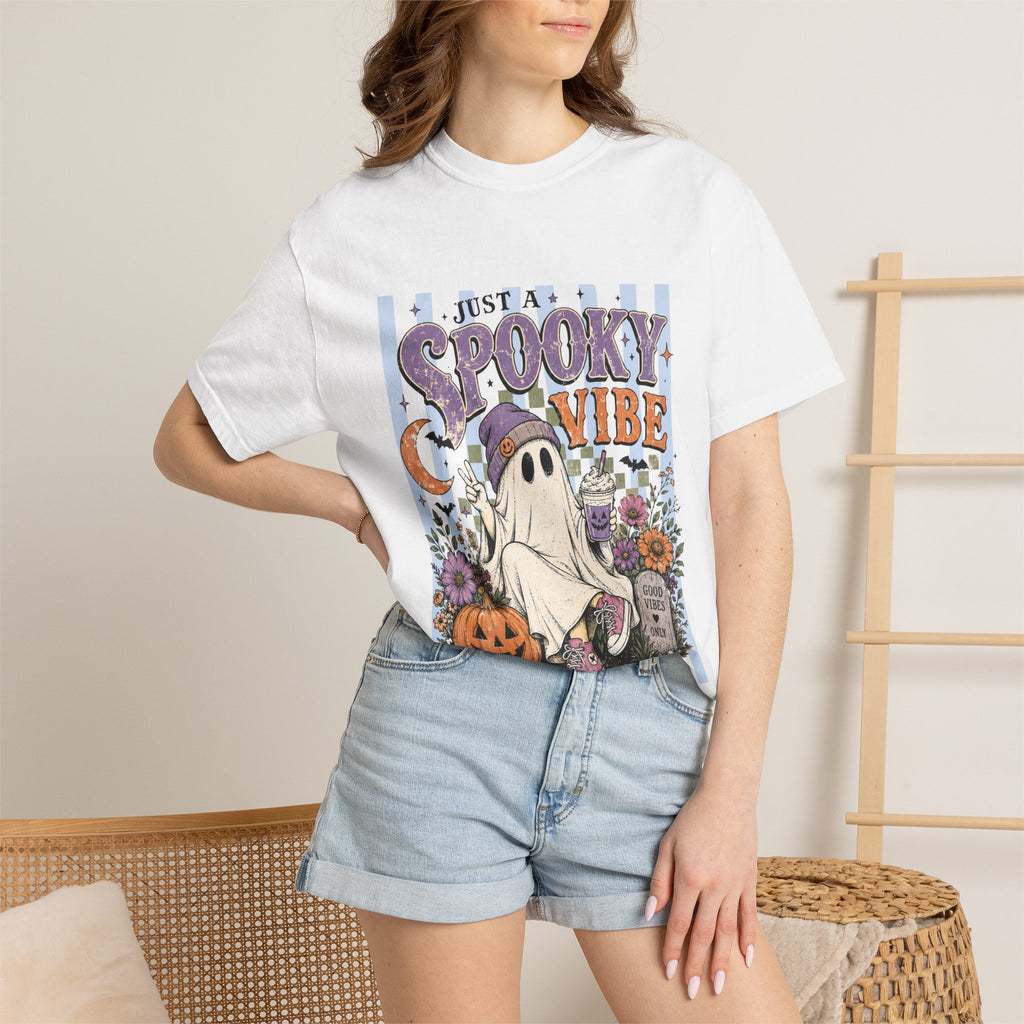 Spooky Vibe Ghost Tee — Halloween Pumpkin Graveyard Graphic T-Shirt