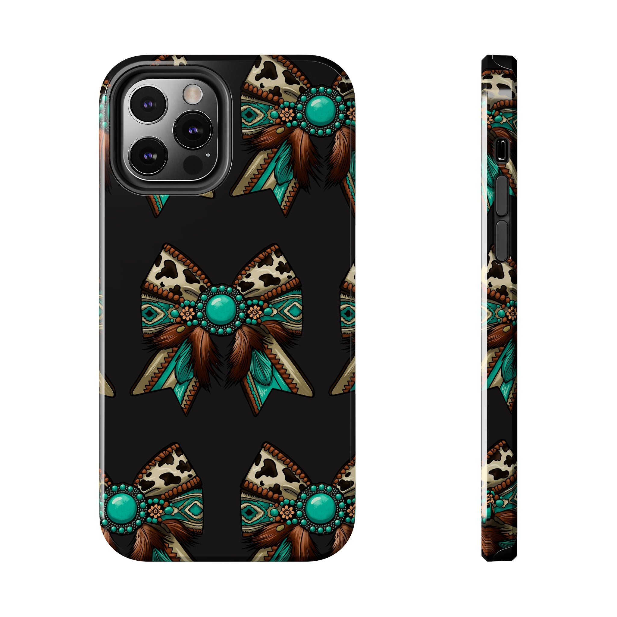 Turquoise Western Bow Tough Phone Case – Cowhide, Feathers & Bead Pattern