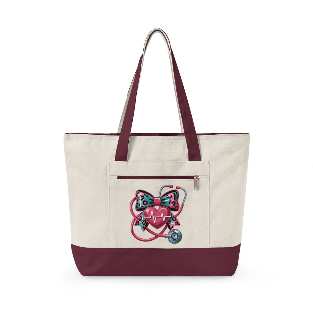 Nurse Heart Stethoscope Canvas Tote — Zippered Medical Tote Bag