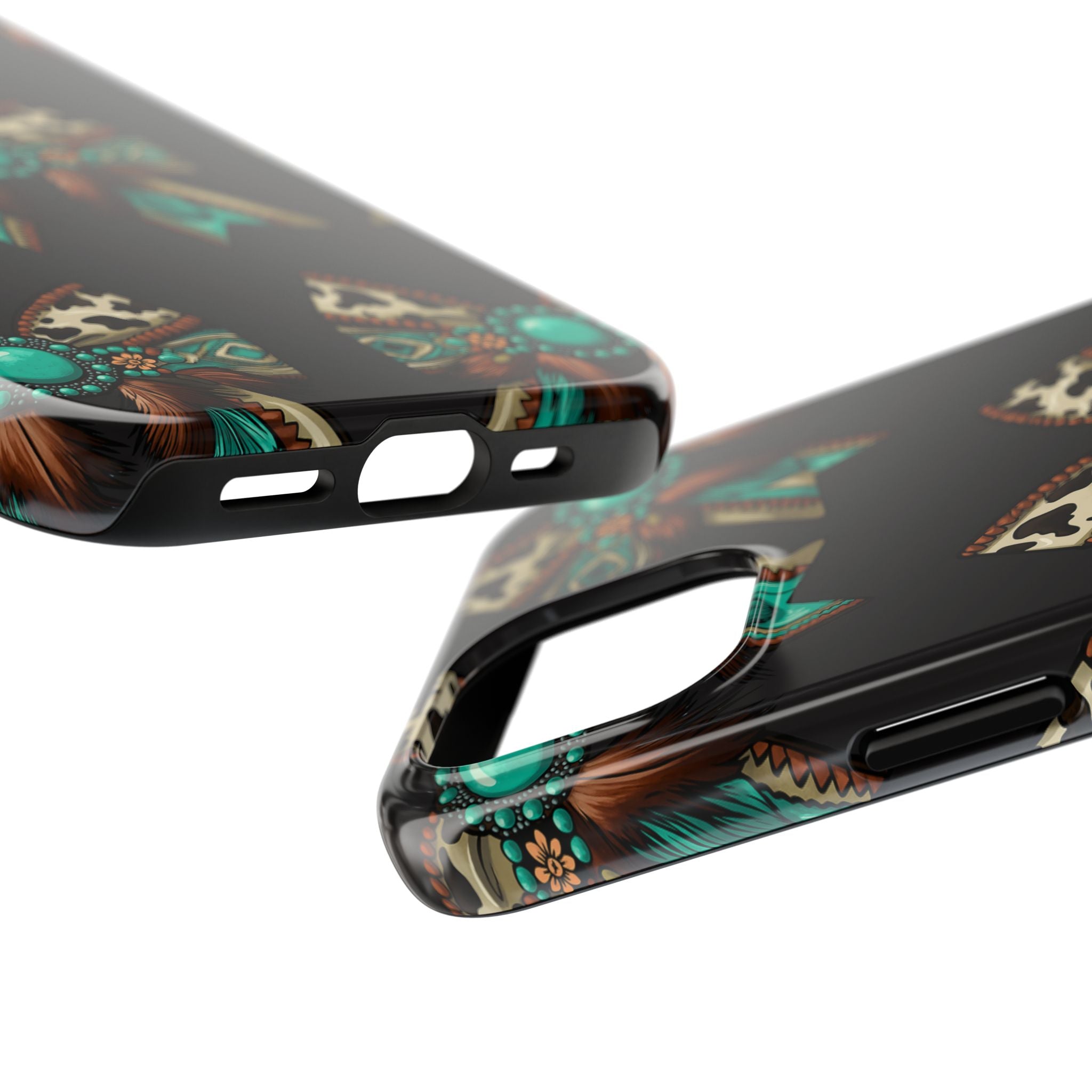 Turquoise Western Bow Tough Phone Case – Cowhide, Feathers & Bead Pattern