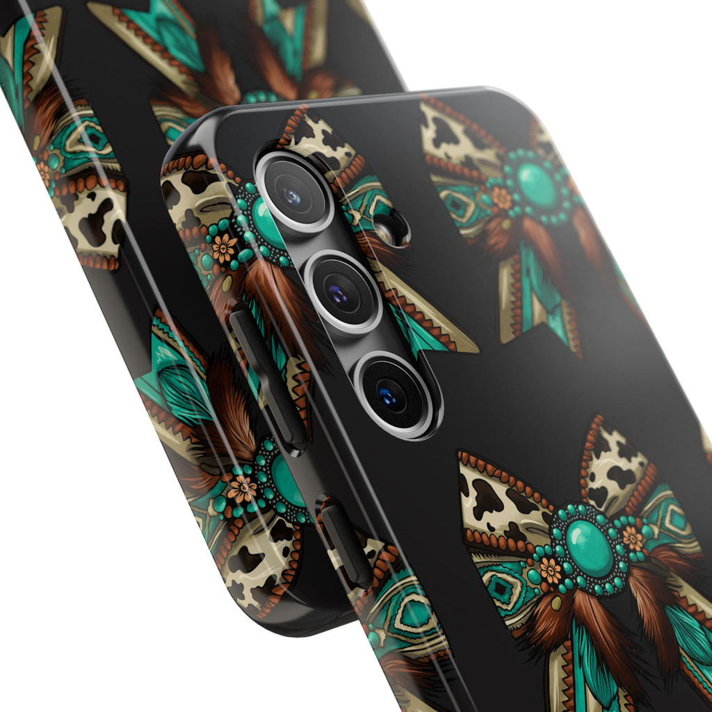 Turquoise Western Bow Tough Phone Case – Cowhide, Feathers & Bead Pattern