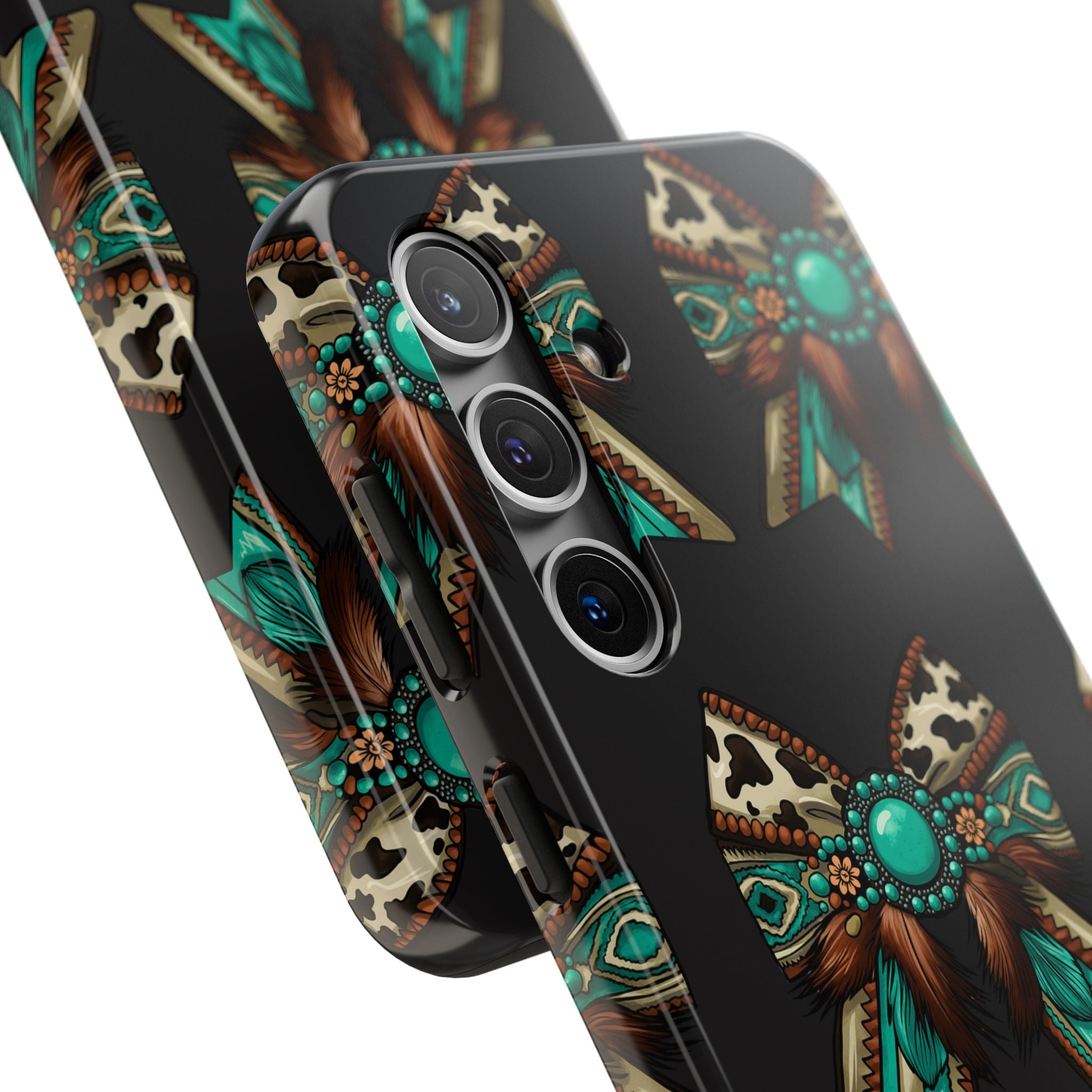 Turquoise Western Bow Tough Phone Case – Cowhide, Feathers & Bead Pattern