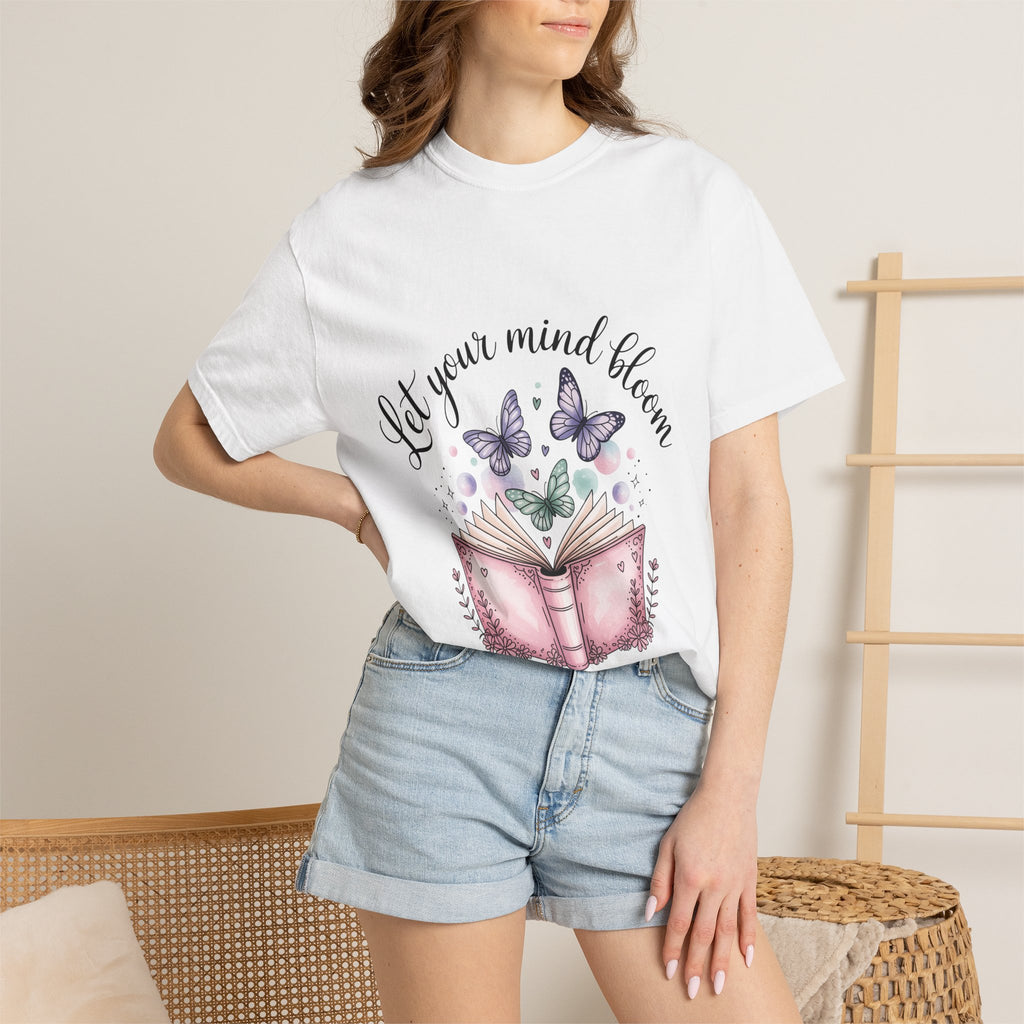 T-Shirt — “Let Your Mind Bloom” Book & Butterflies Graphic Tee