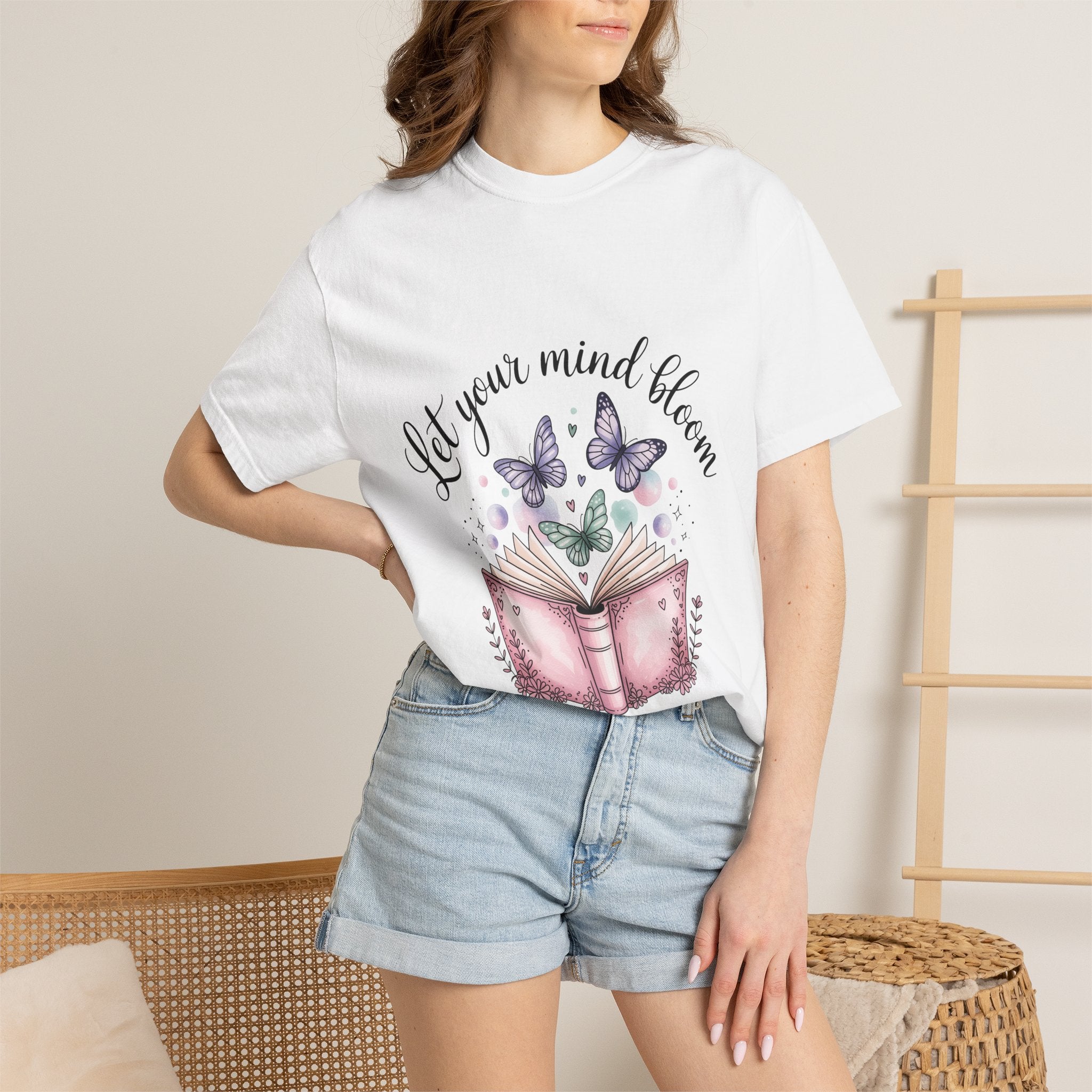 T-Shirt — “Let Your Mind Bloom” Book & Butterflies Graphic Tee