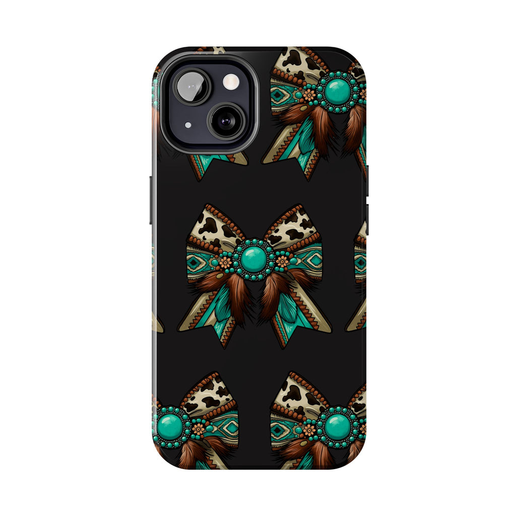 Turquoise Western Bow Tough Phone Case – Cowhide, Feathers & Bead Pattern