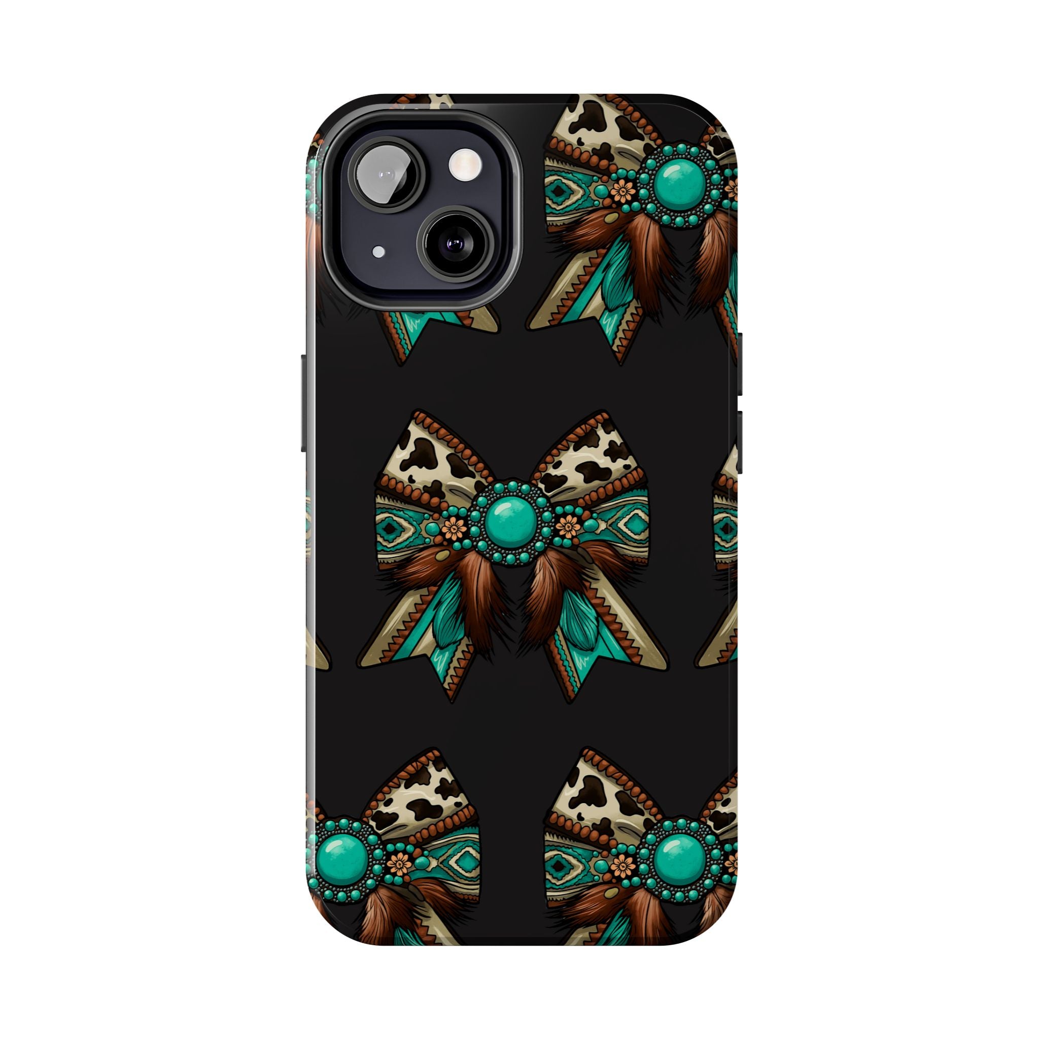 Turquoise Western Bow Tough Phone Case – Cowhide, Feathers & Bead Pattern