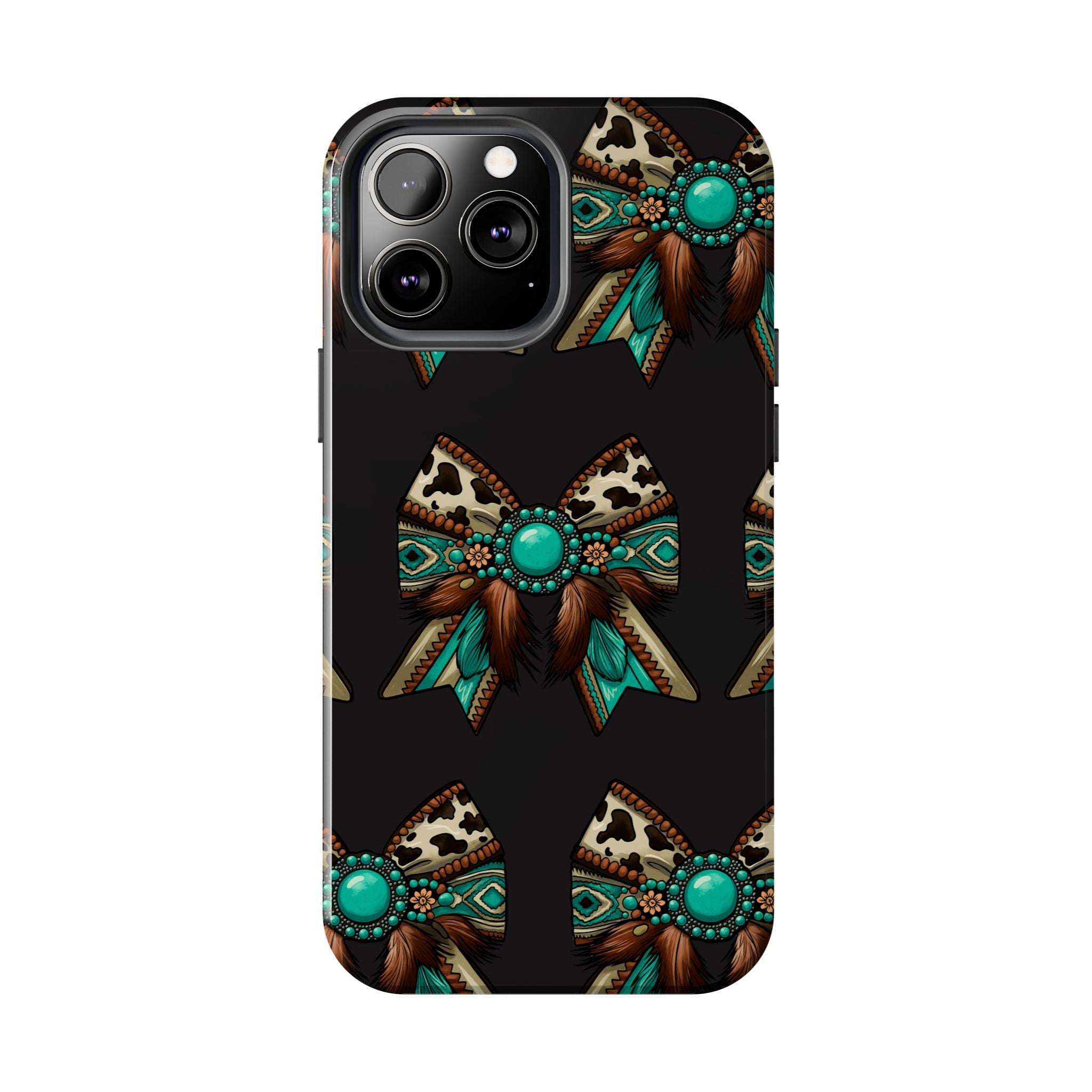 Turquoise Western Bow Tough Phone Case – Cowhide, Feathers & Bead Pattern