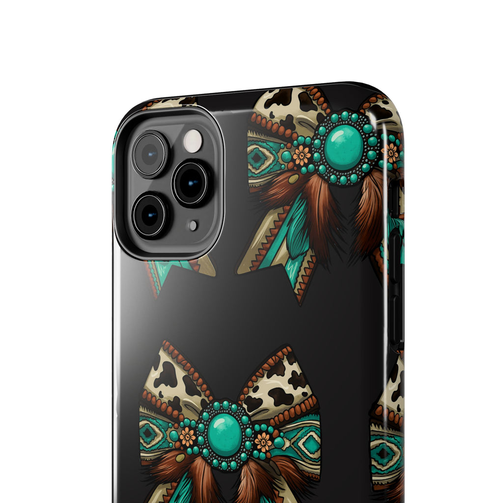 Turquoise Western Bow Tough Phone Case – Cowhide, Feathers & Bead Pattern