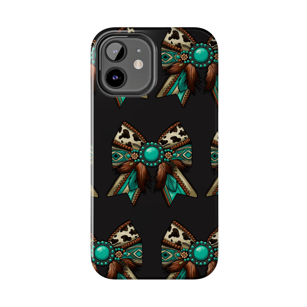 Turquoise Western Bow Tough Phone Case – Cowhide, Feathers & Bead Pattern
