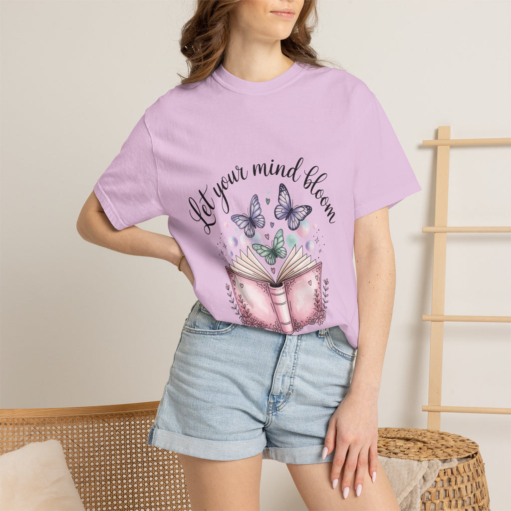 T-Shirt — “Let Your Mind Bloom” Book & Butterflies Graphic Tee