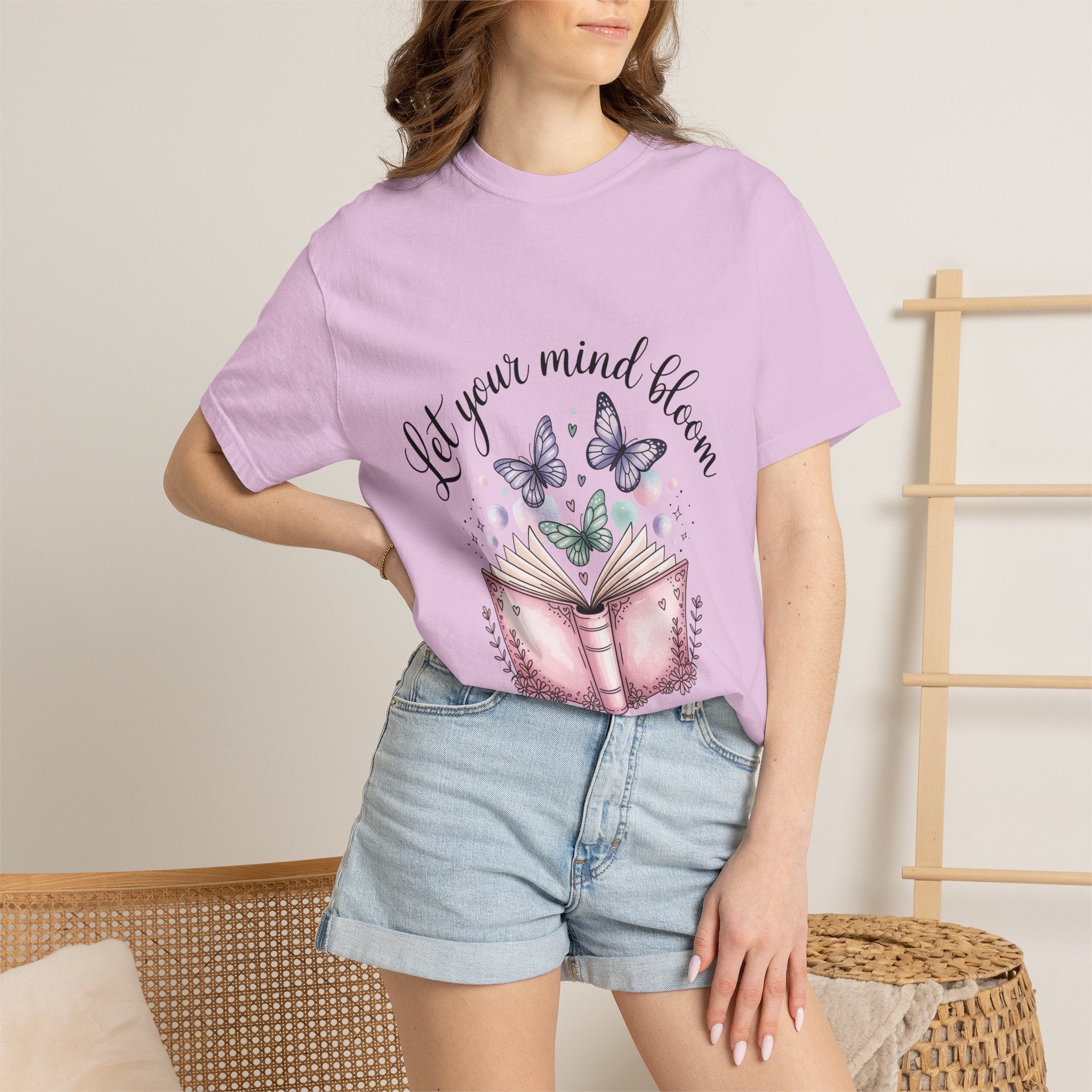 T-Shirt — “Let Your Mind Bloom” Book & Butterflies Graphic Tee