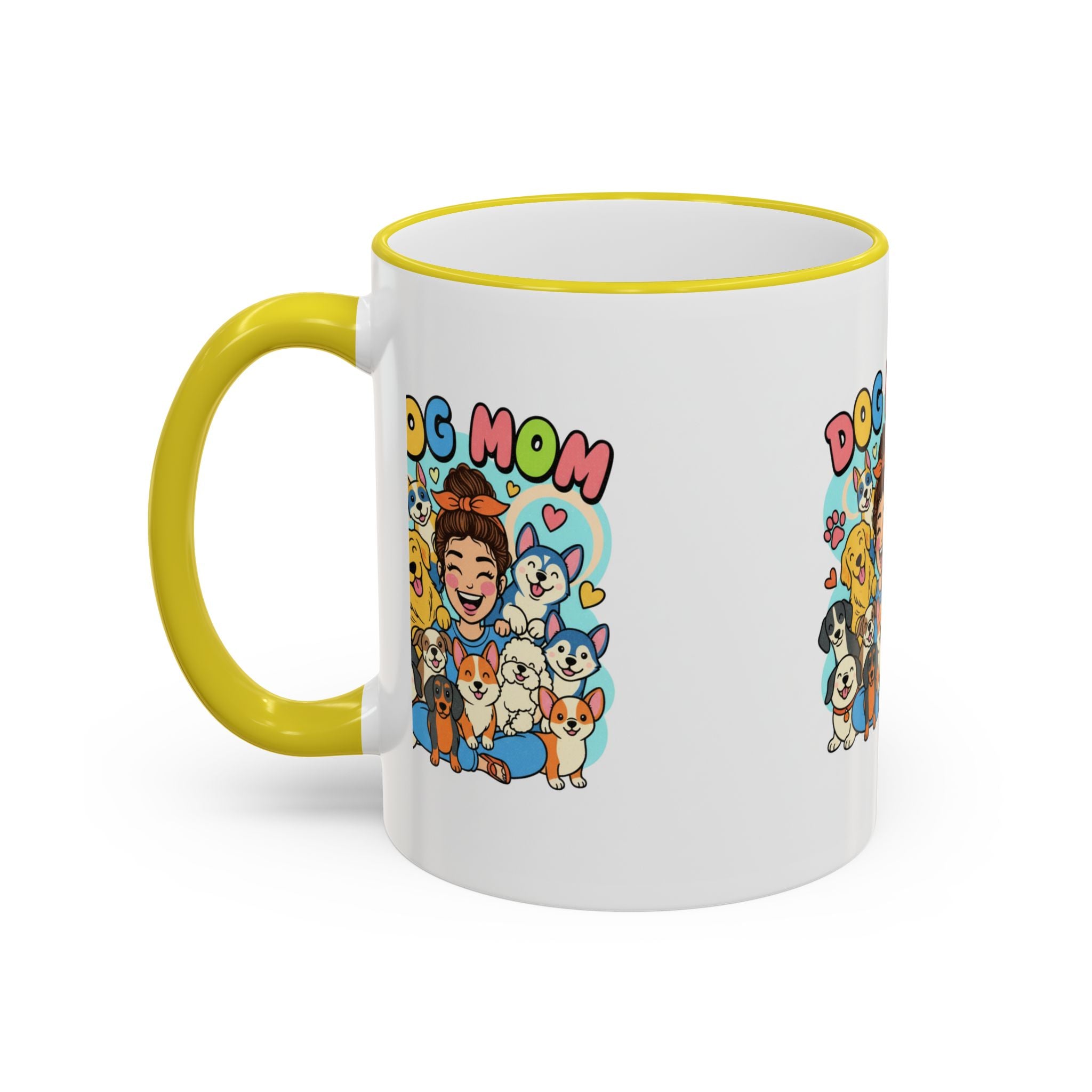 Dog Mom Mug — Cute Cartoon Dogs Accent Rim & Handle Coffee Cup (11oz/15oz)