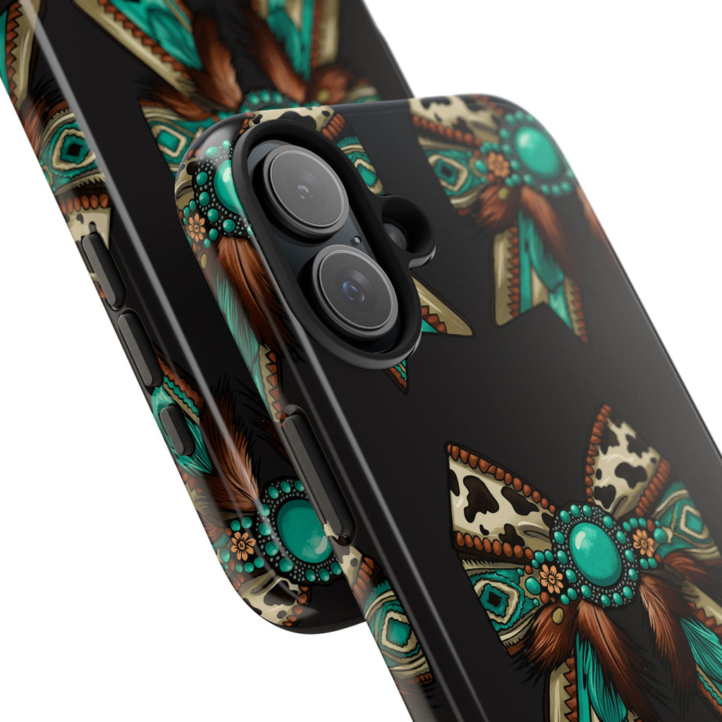 Turquoise Western Bow Tough Phone Case – Cowhide, Feathers & Bead Pattern