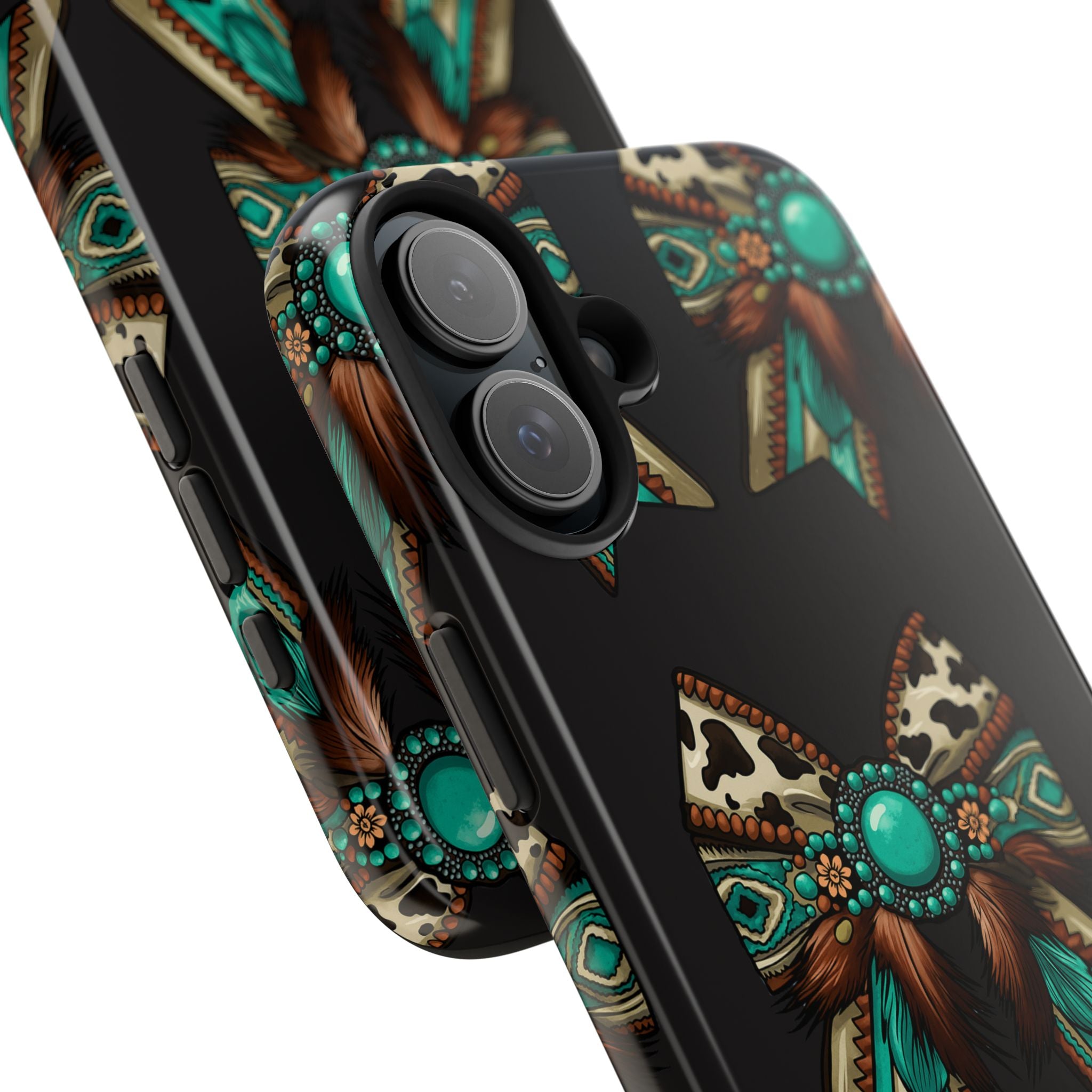 Turquoise Western Bow Tough Phone Case – Cowhide, Feathers & Bead Pattern