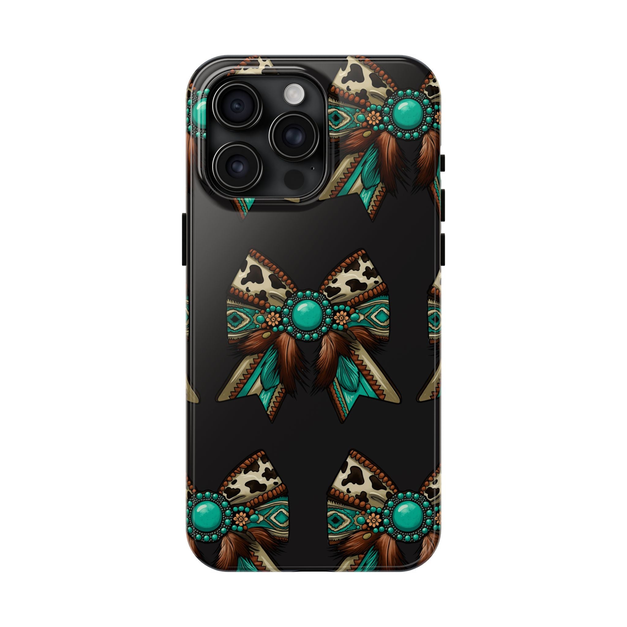 Turquoise Western Bow Tough Phone Case – Cowhide, Feathers & Bead Pattern