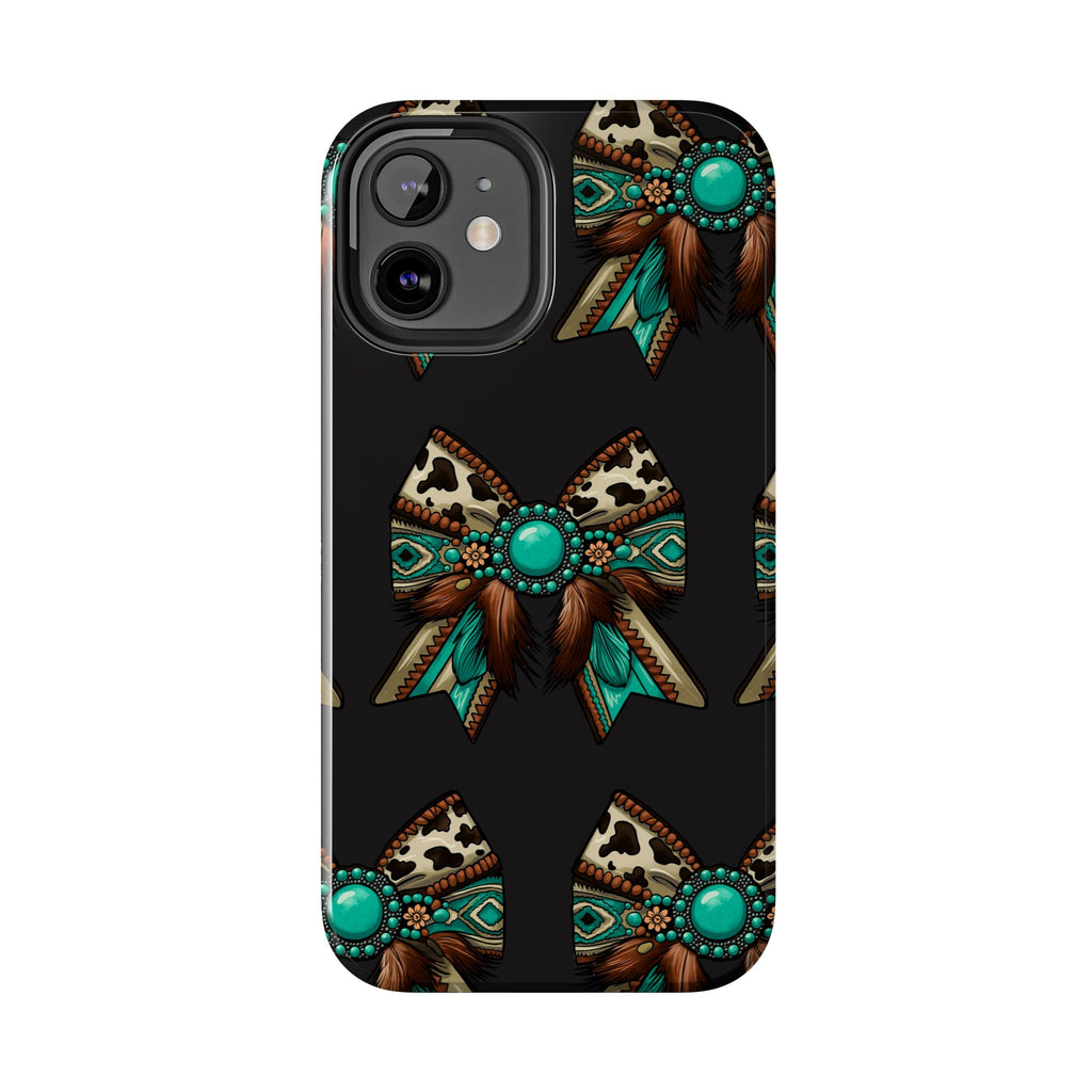 Turquoise Western Bow Tough Phone Case – Cowhide, Feathers & Bead Pattern