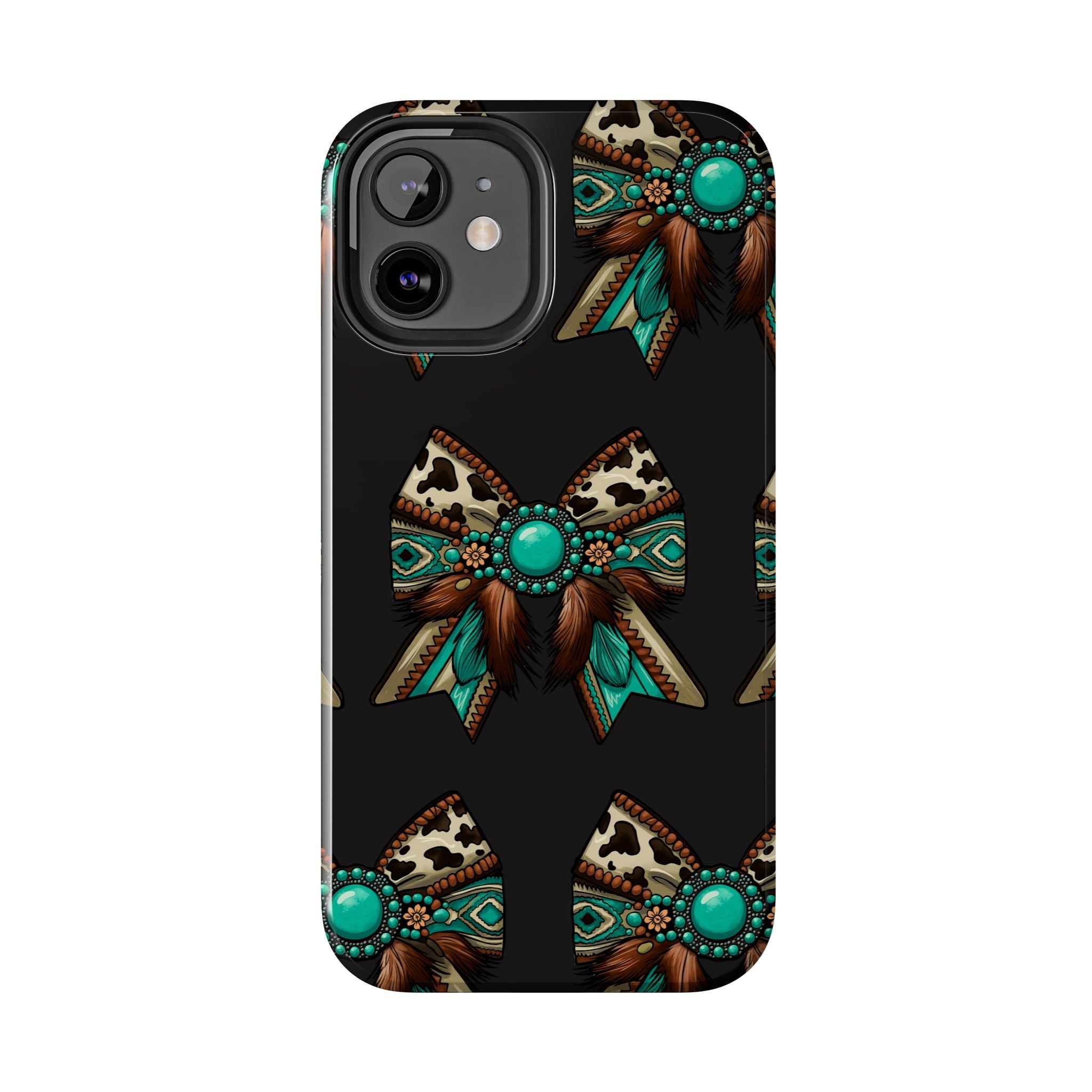 Turquoise Western Bow Tough Phone Case – Cowhide, Feathers & Bead Pattern